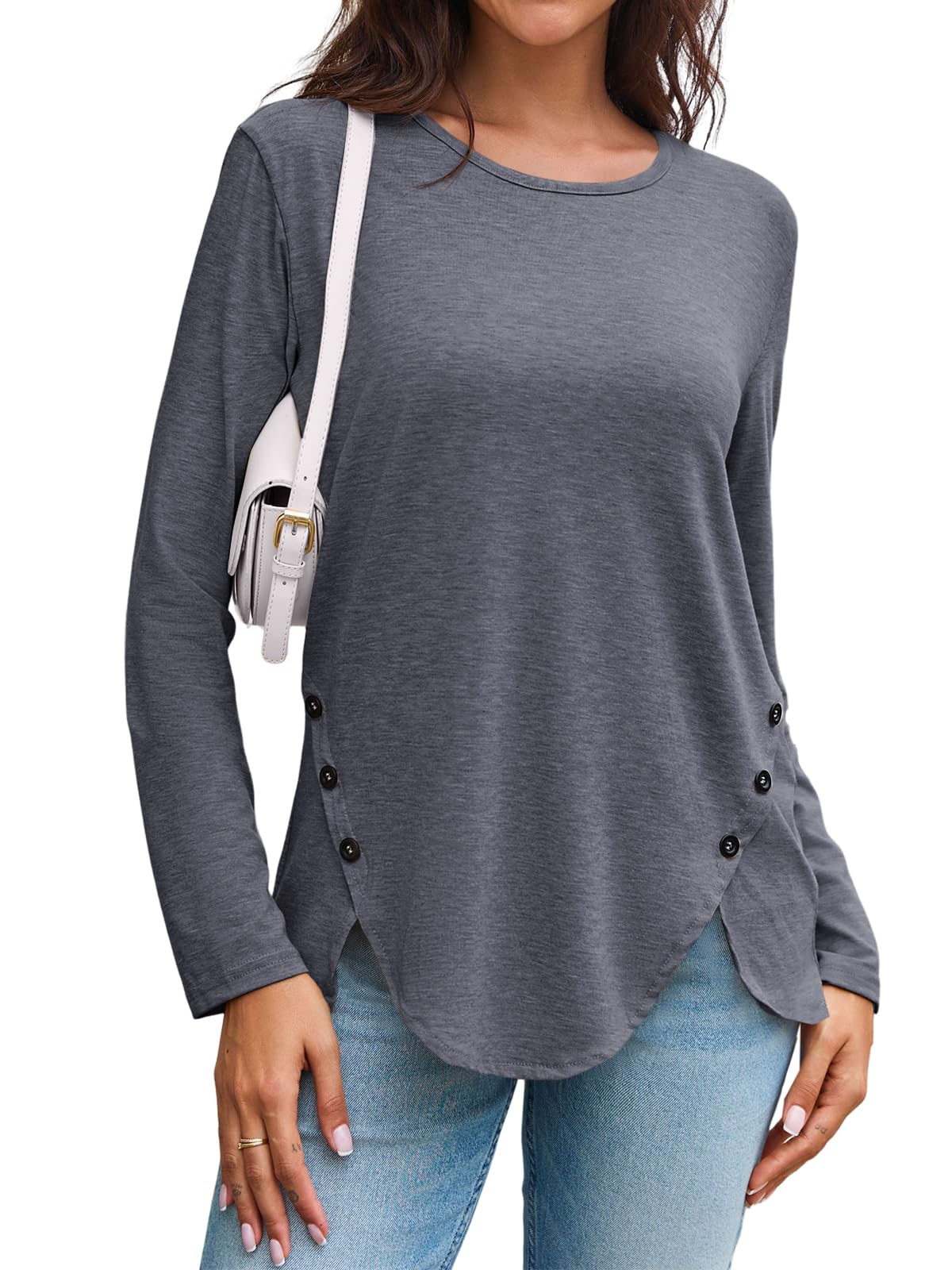 Womens Casual Long Sleeve Tunic Shirts Round Neck Button Side Blouses Tops