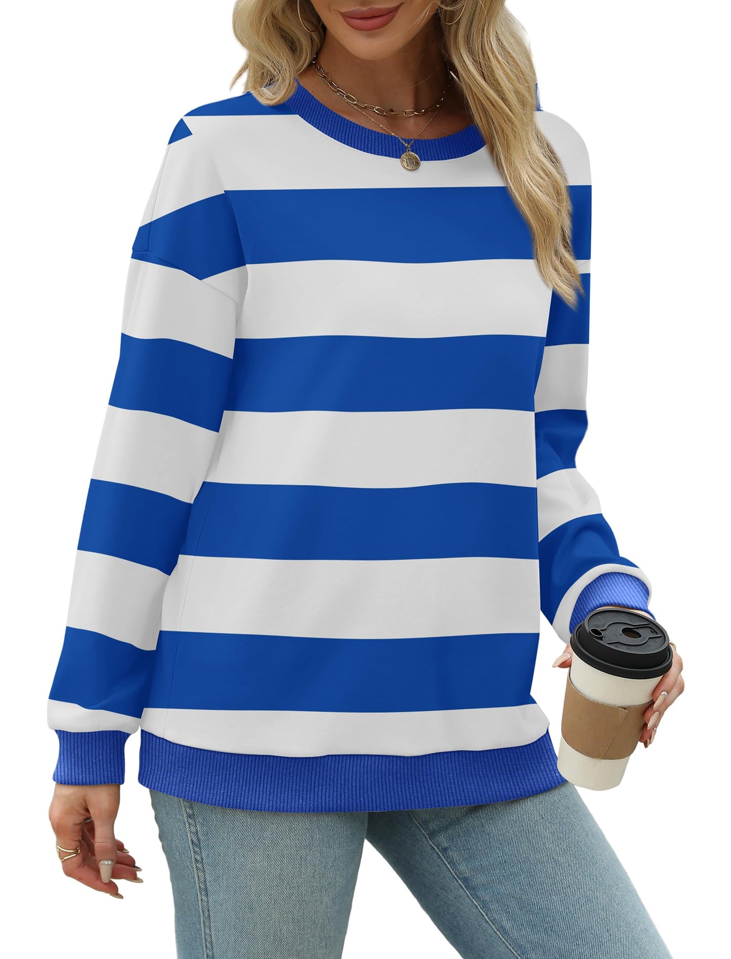 Sweatshirts for Women Crewneck Long Sleeve Loose Fit Tops Color Block Ribbed Trim Fashion