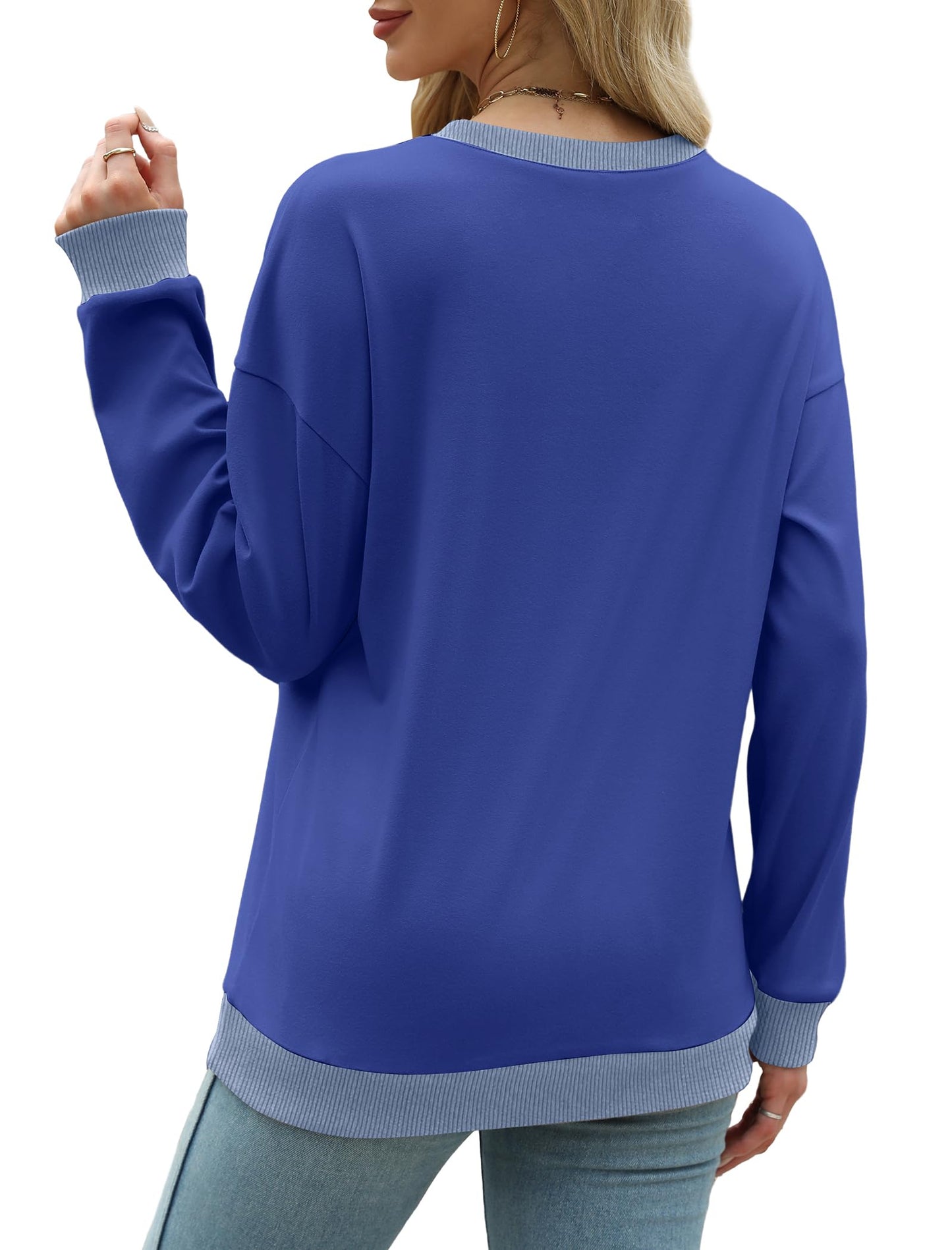 Sweatshirts for Women Crewneck Long Sleeve Loose Fit Tops Color Block Ribbed Trim Fashion