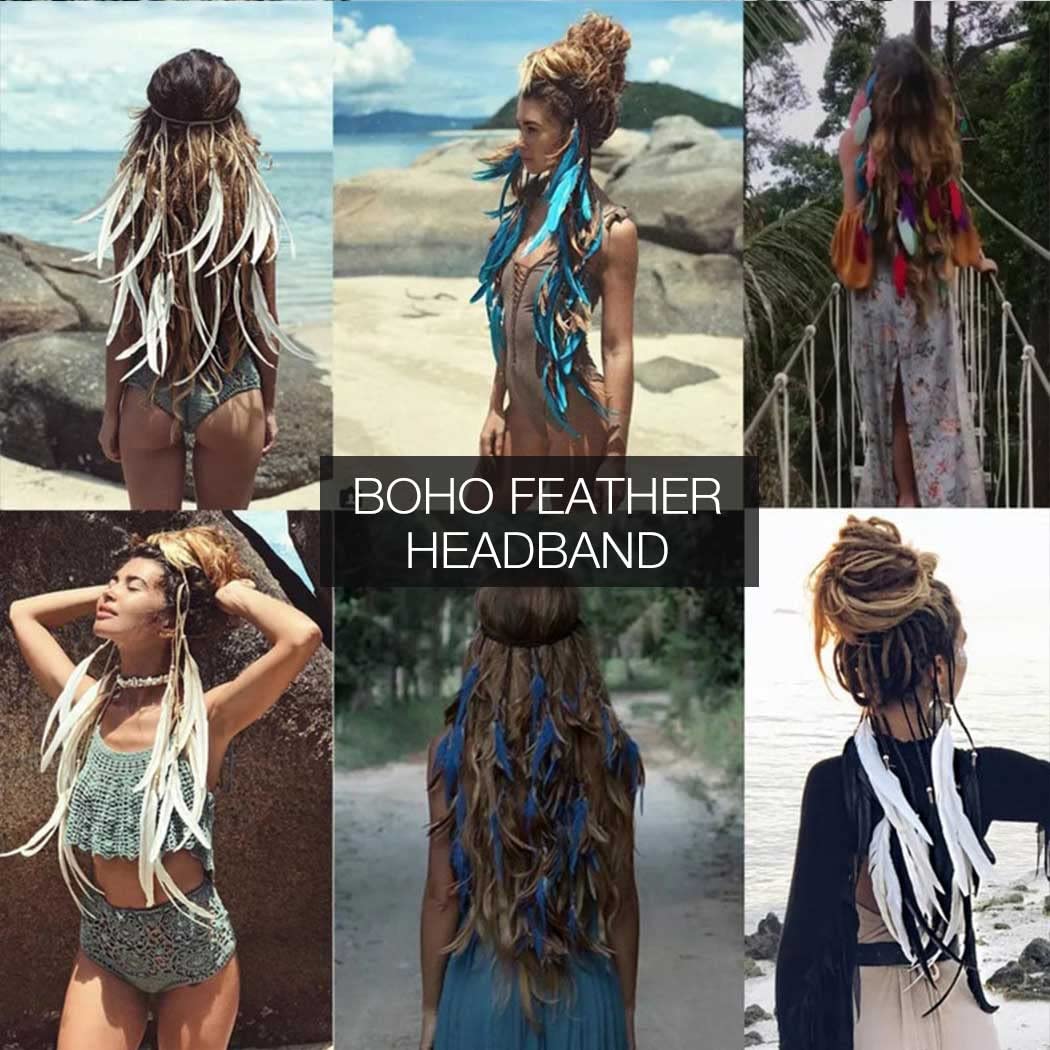 GORTIN Boho Feather Headband Gypsy Headpiece Headdress Bohemian Hippie Headbands Indian Festival Hair Band Adjust Long Feather Hair Accessories for Women and Girls (Black+Green)