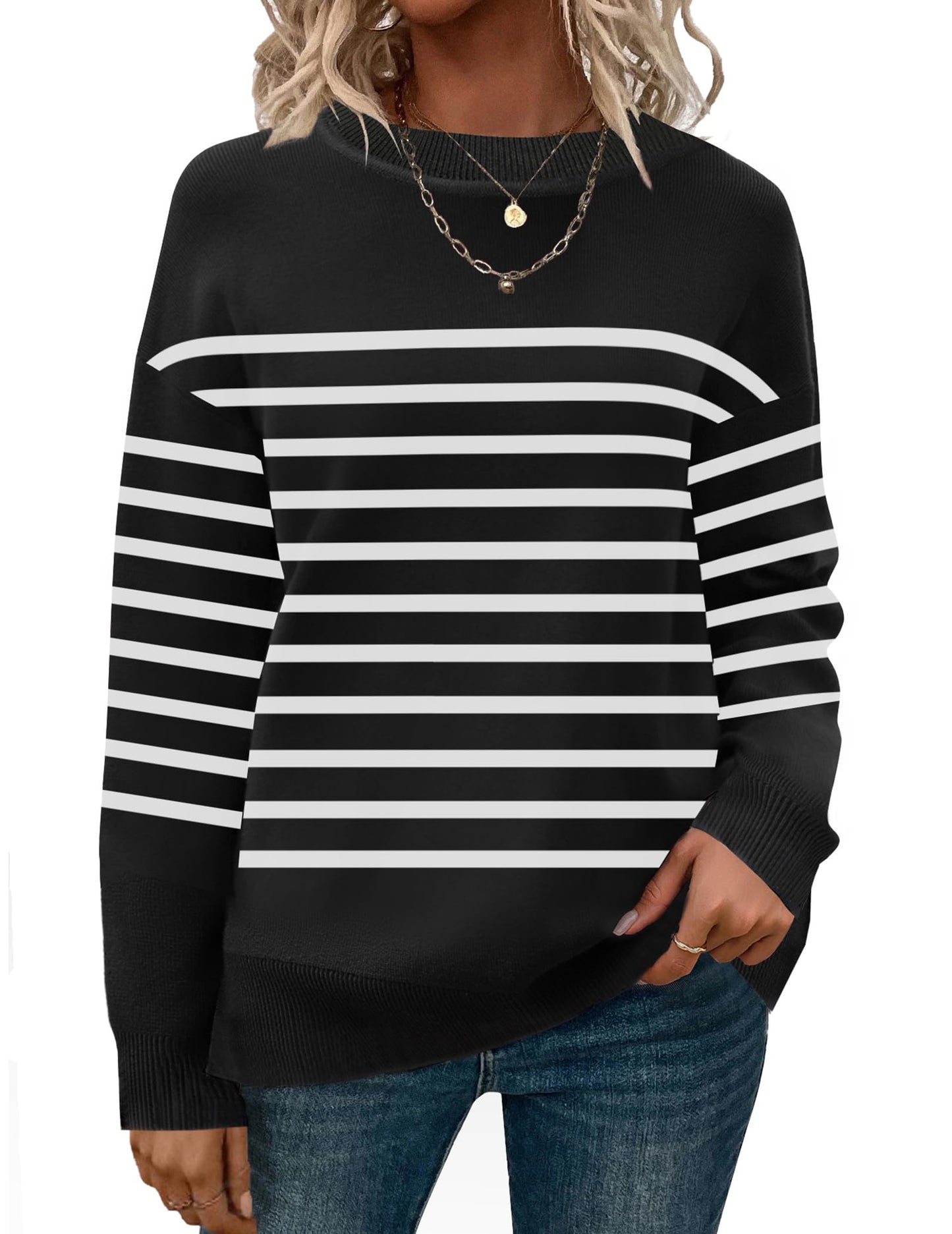 Womens Crewneck Pullover Sweater Long Sleeve Knit Side Slit