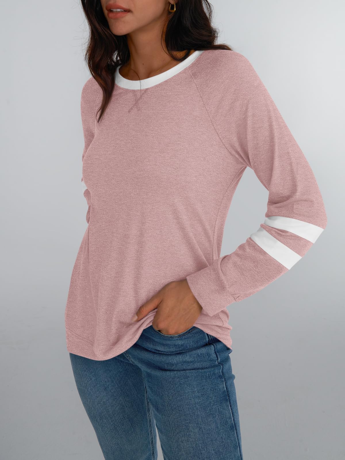 Womens Long Sleeve Shirts Color Block Casual Crewneck Tops Tshirt