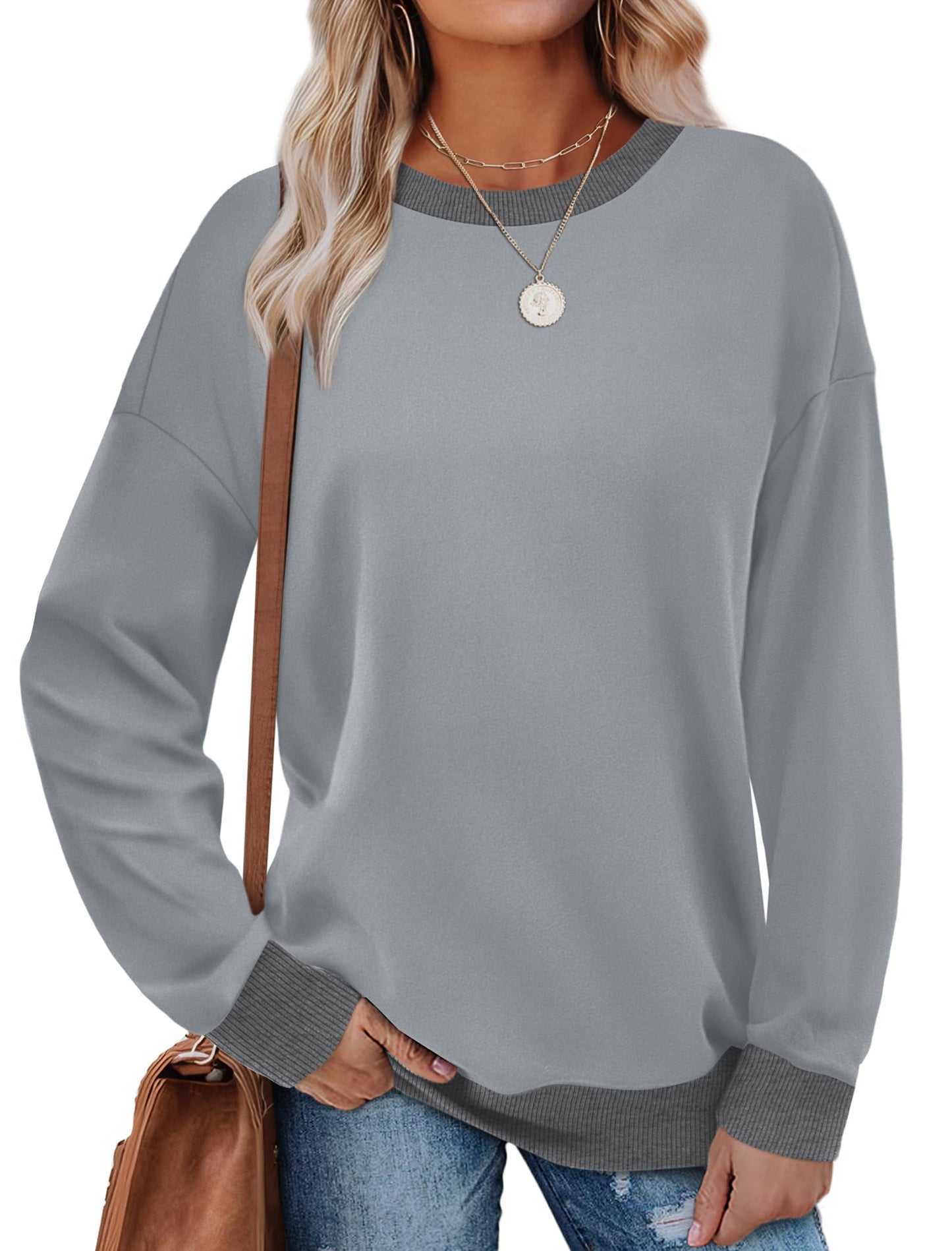 Sweatshirts for Women Crewneck Long Sleeve Loose Fit Tops Color Block Ribbed Trim Fashion