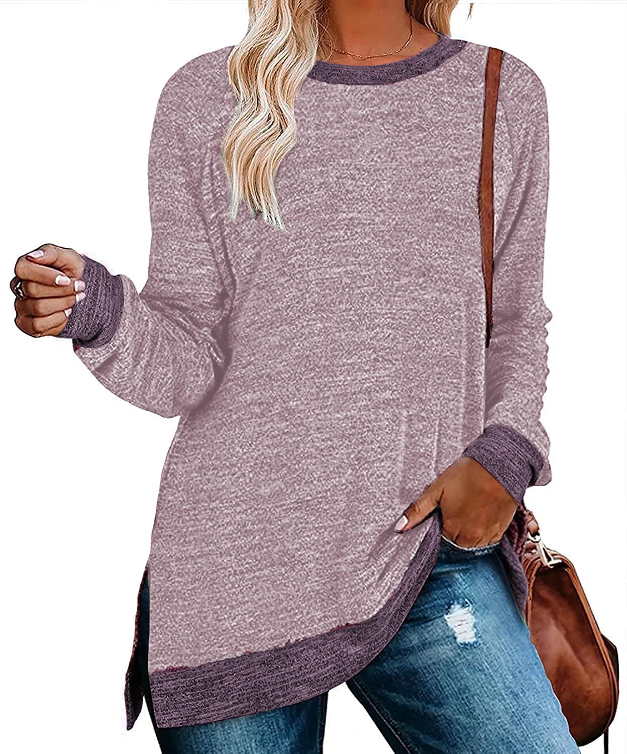 Womens Crewneck Pullovers Color Block Long Sleeve Side Split Tunic Tops