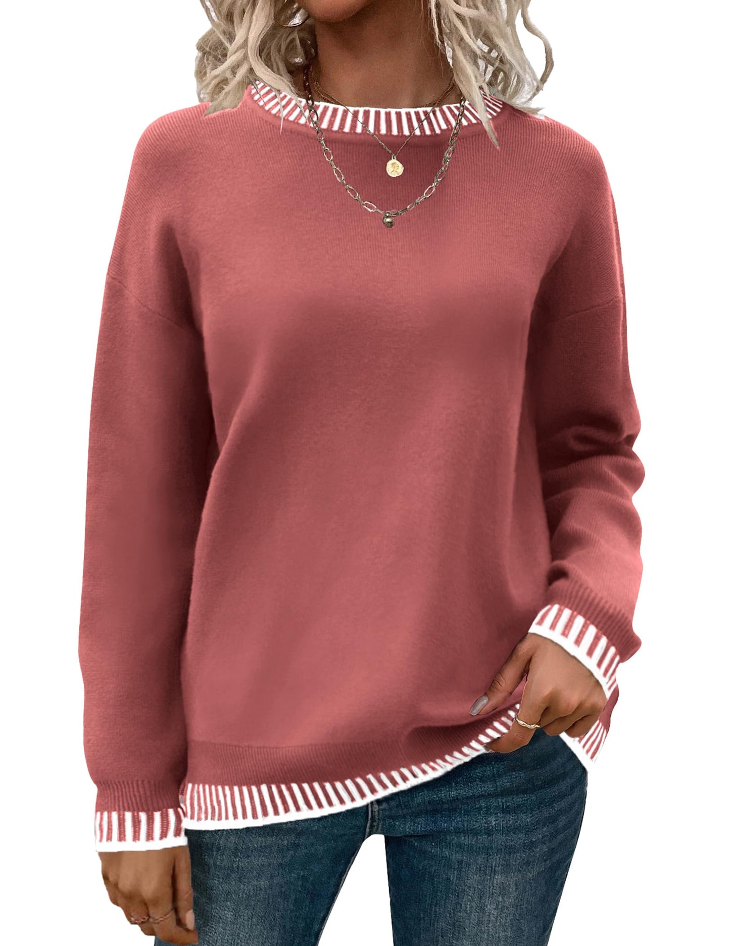 Womens Crewneck Pullover Sweater Long Sleeve Knit Side Slit