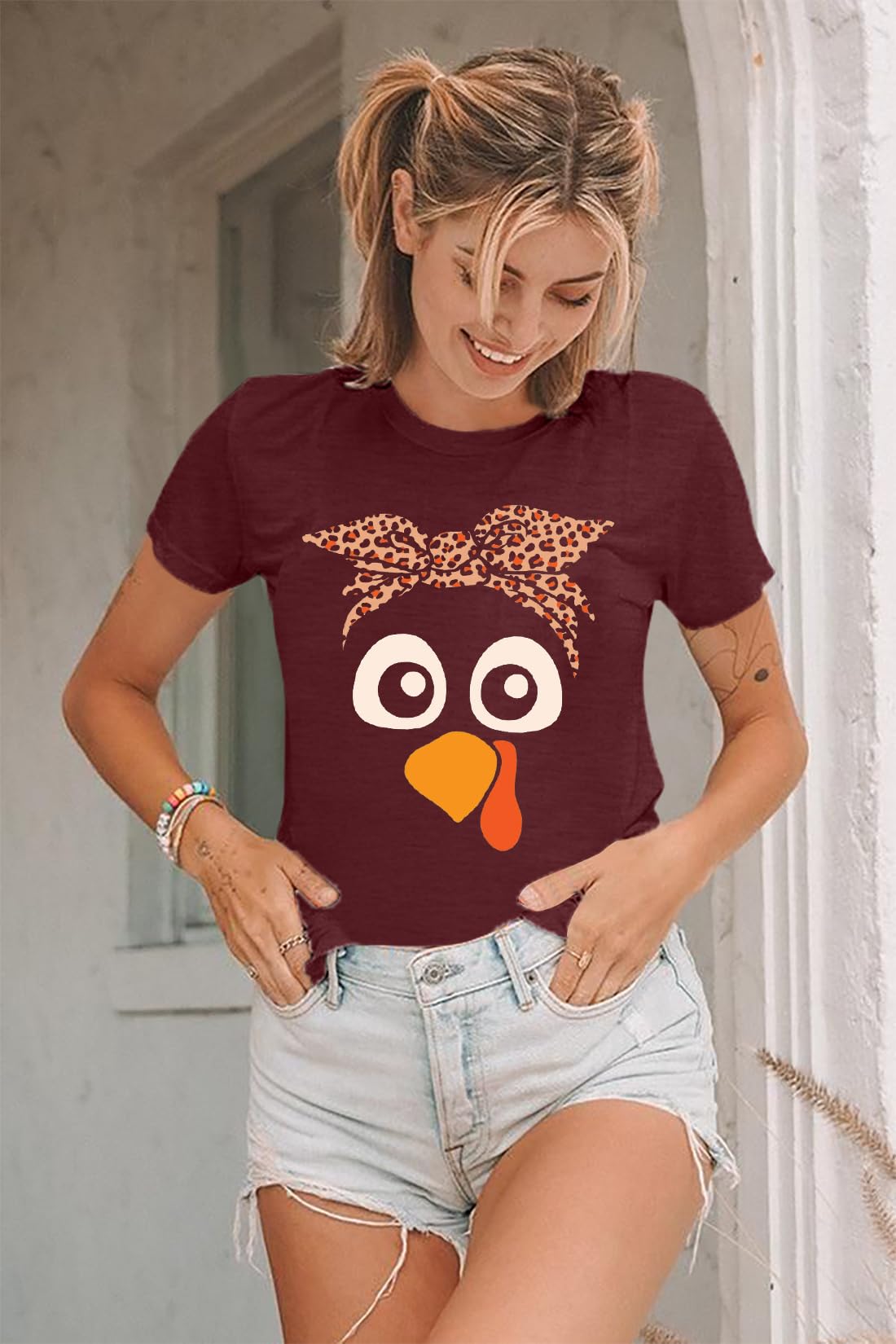 Turkey Shirts for Women Thanksgiving Shirt Funny Turkey Face Graphic Shirts Cute Fall Holiday Tee Tops