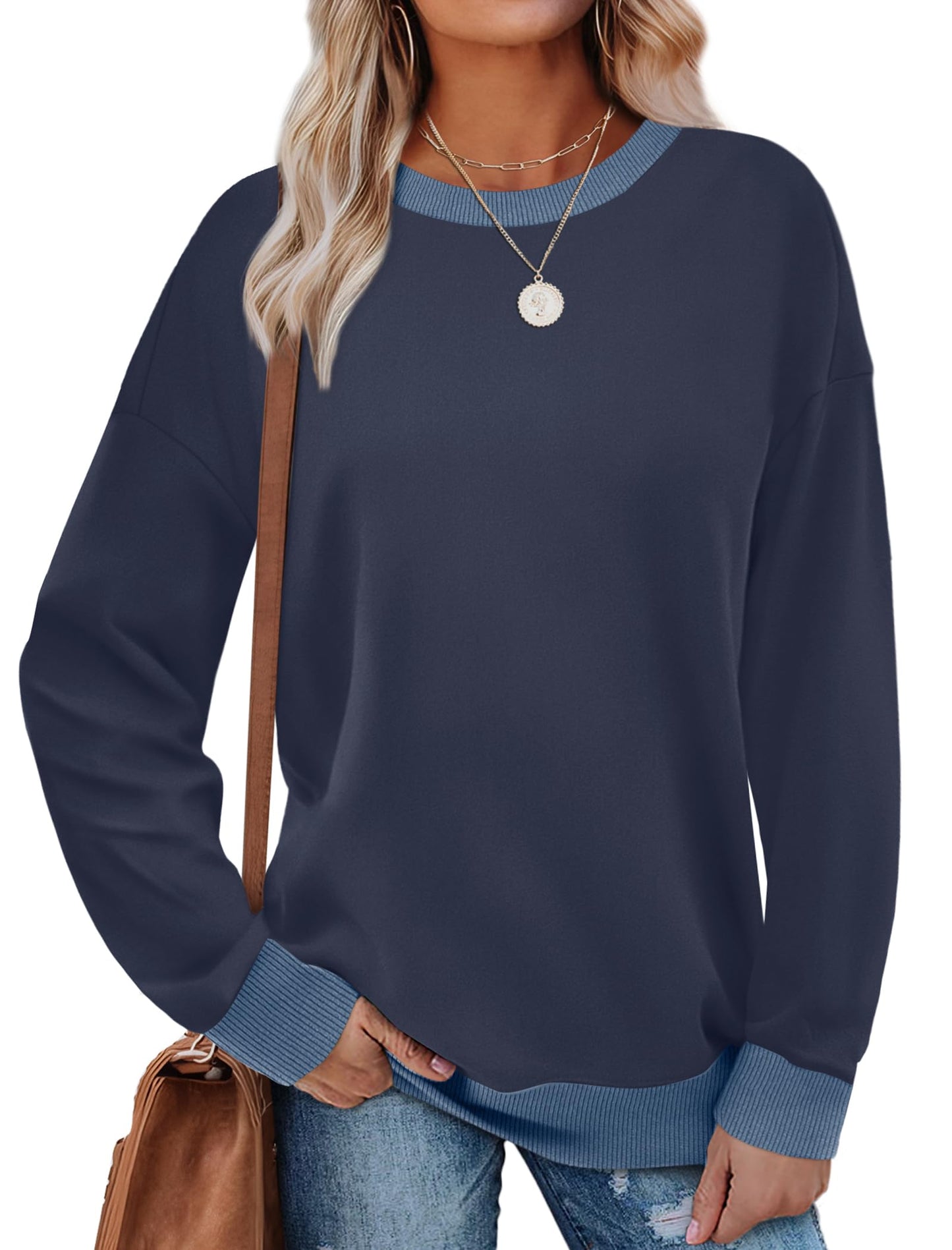Sweatshirts for Women Crewneck Long Sleeve Loose Fit Tops Color Block Ribbed Trim Fashion
