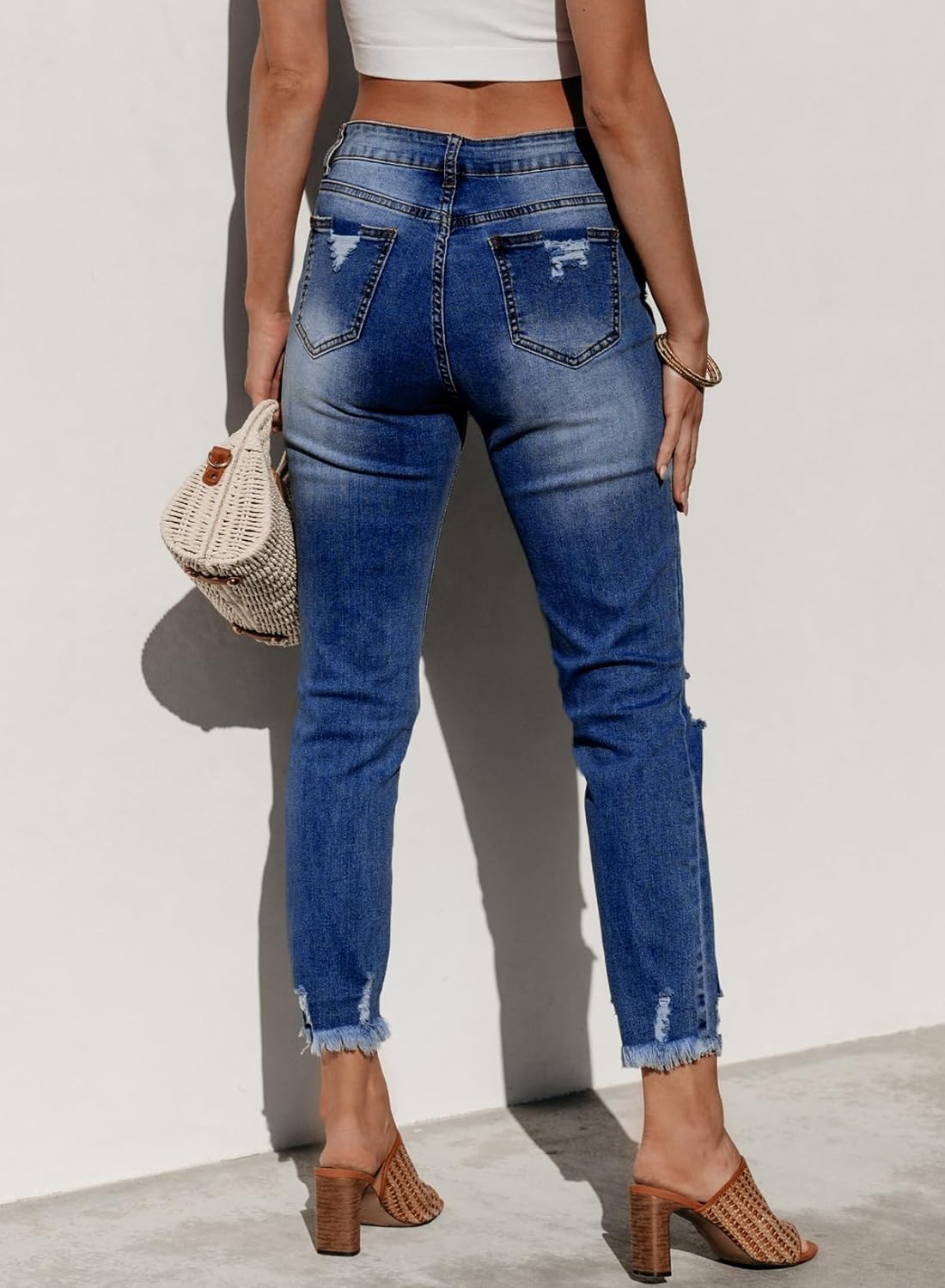 Women's Ripped Jeans Straight Leg Distressed Boyfriend Denim Pants