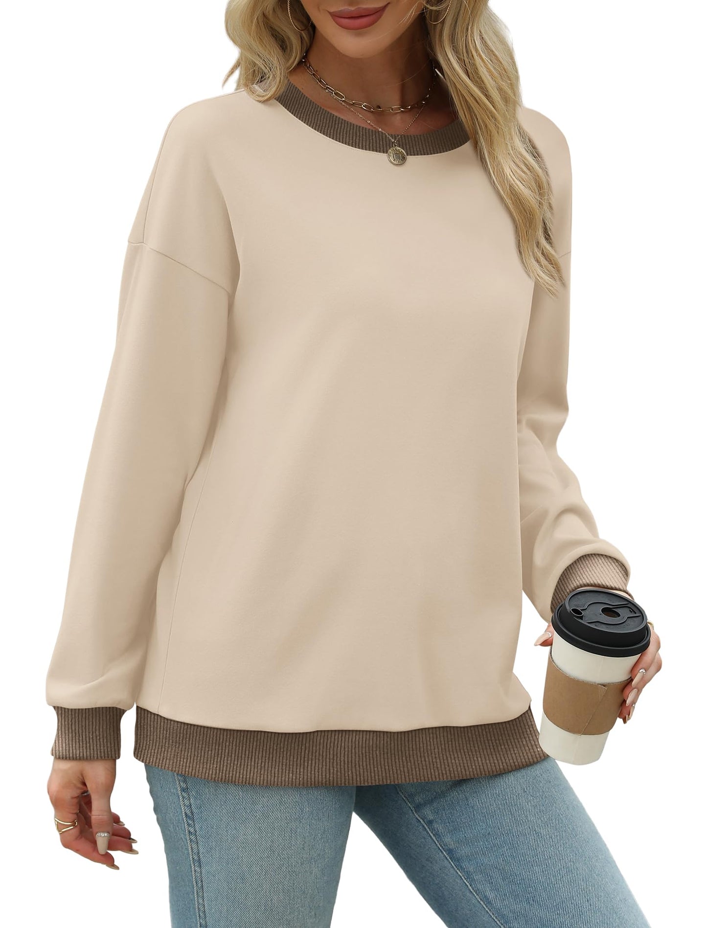 Sweatshirts for Women Crewneck Long Sleeve Loose Fit Tops Color Block Ribbed Trim Fashion