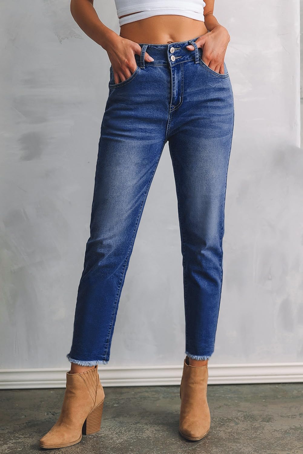 Women's High Waisted Jeans Strechy Raw Hem Straight Leg Denim Pants with Pockets