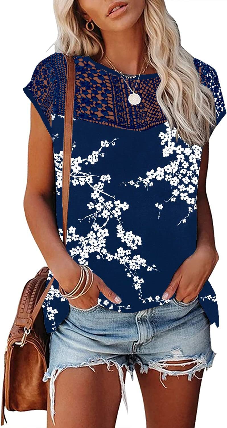 Womens Cap Sleeve Tops 2024 Trendy Floral Print Summer Tops Loose Fit Lace T Shirts Blouses