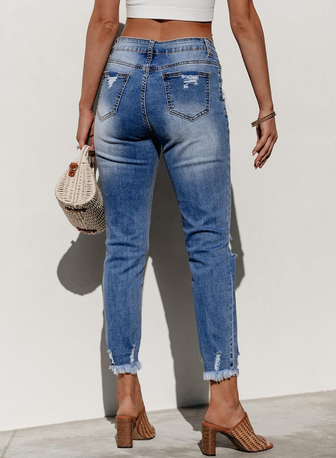 Women's Ripped Jeans Straight Leg Distressed Boyfriend Denim Pants