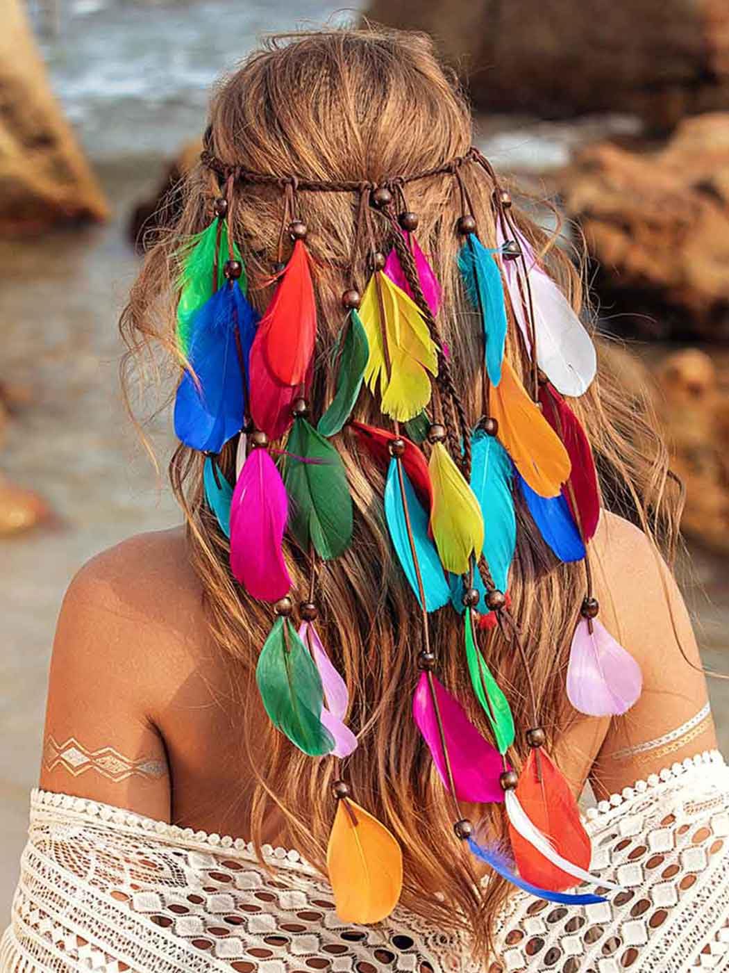 GORTIN Boho Feather Headband Gypsy Headpiece Headdress Bohemian Hippie Headbands Indian Festival Hair Band Adjust Long Feather Hair Accessories for Women and Girls (Black+Green)