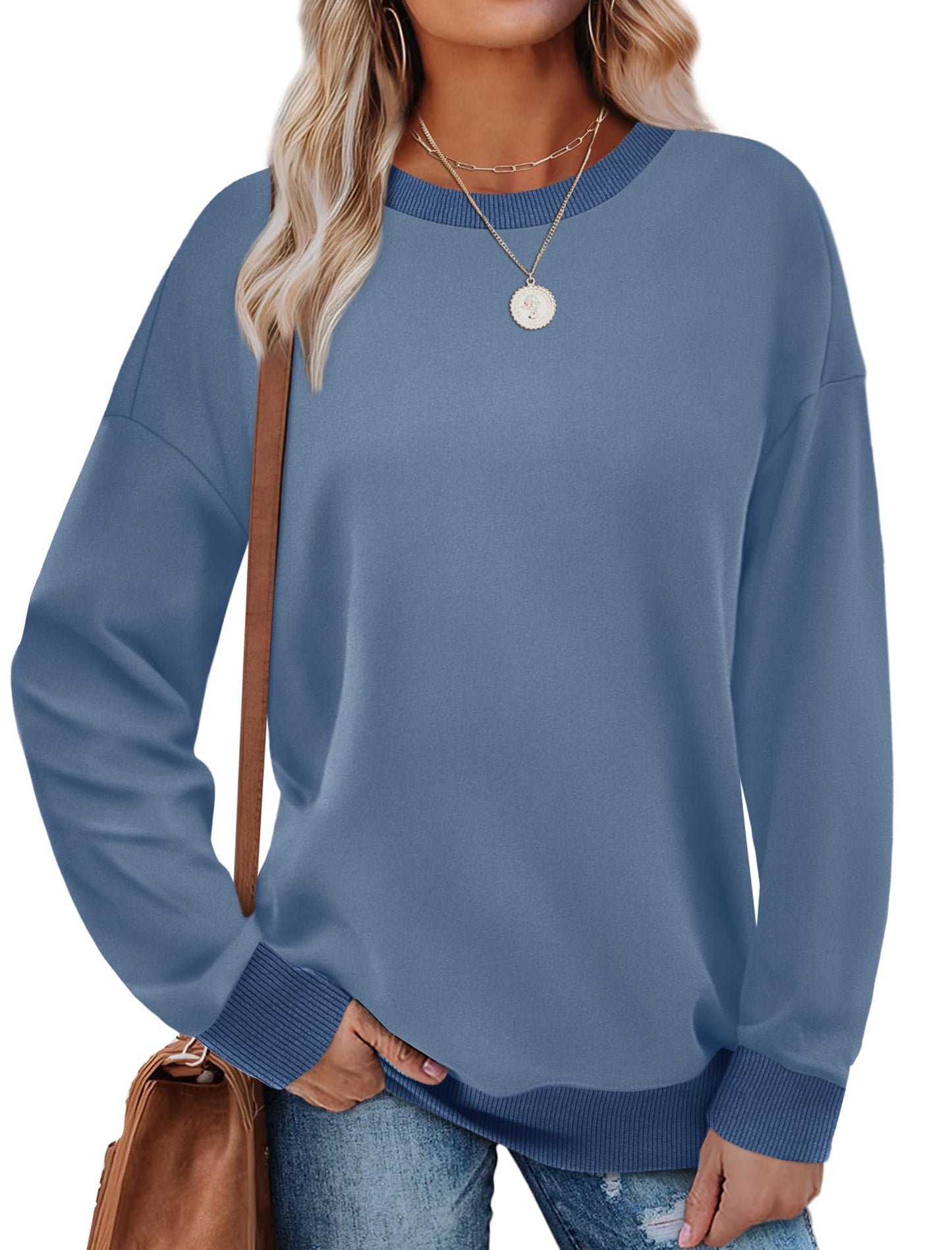 Sweatshirts for Women Crewneck Long Sleeve Loose Fit Tops Color Block Ribbed Trim Fashion