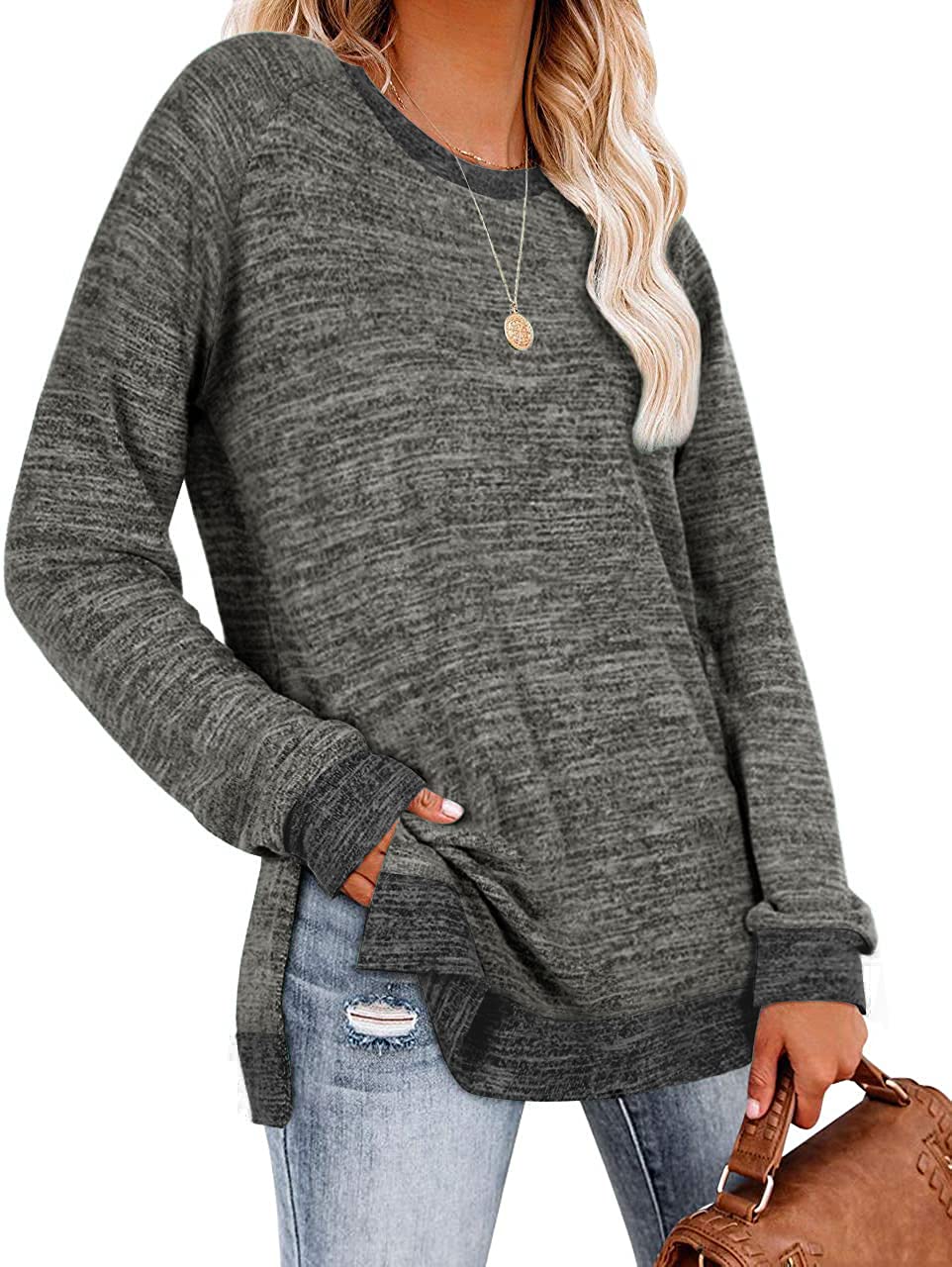 Womens Crewneck Pullovers Color Block Long Sleeve Side Split Tunic Tops