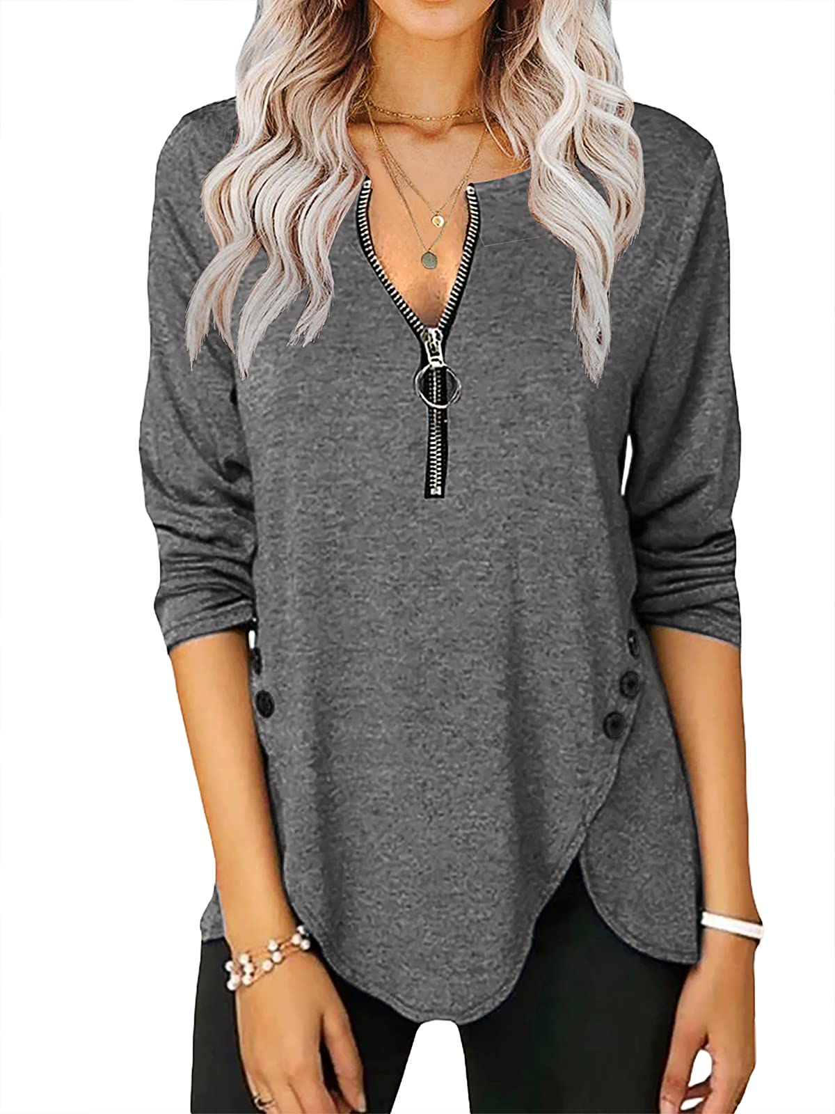 Womens Casual Long Sleeve Tunic Shirts Round Neck Button Side Blouses Tops