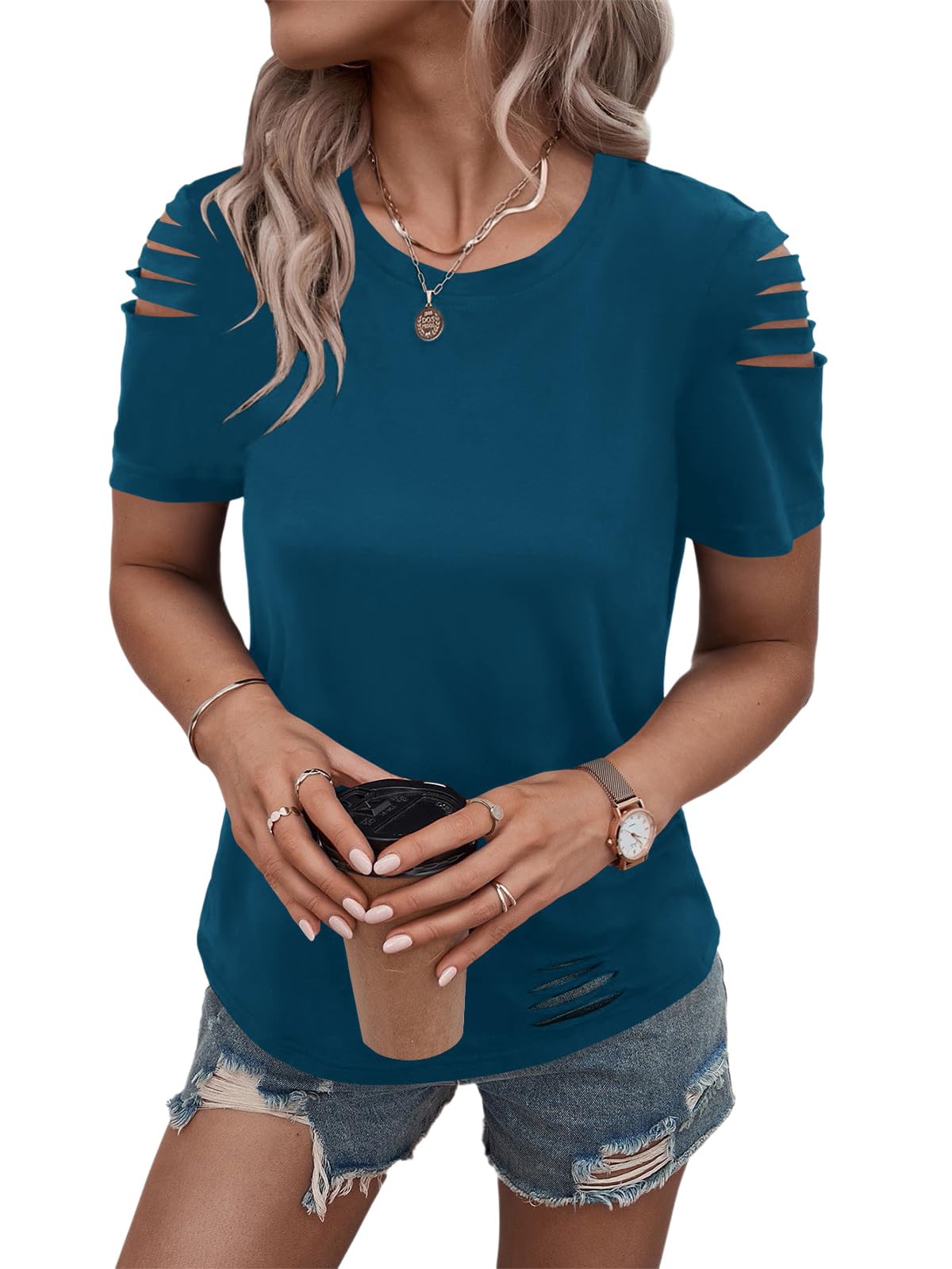 Women's Short Sleeve T Shirts Crew Neck Ripped Cut Out Summer Casual Basic Tees Tops