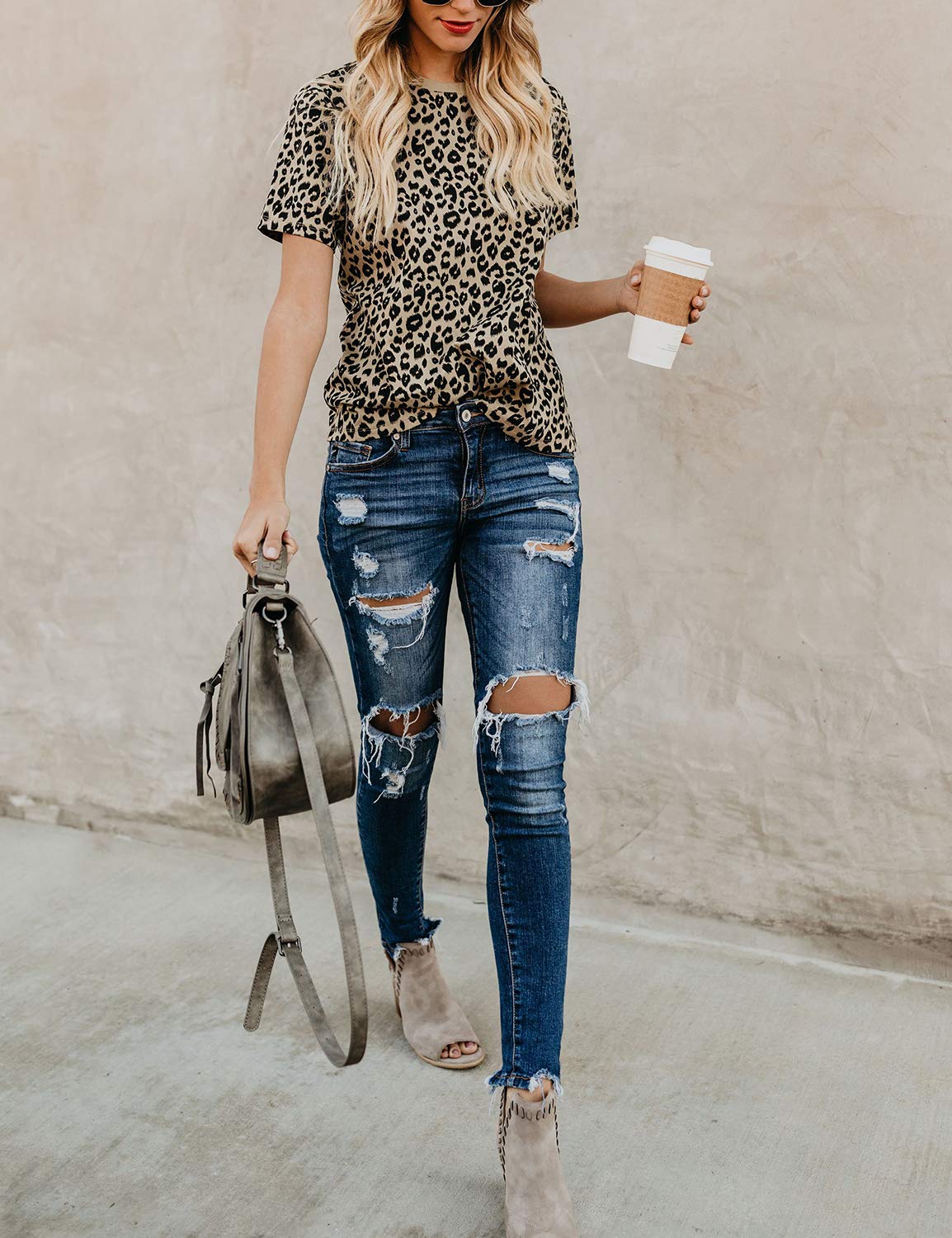 Womens Leopard Print Tops Short Sleeve Round Neck Casual T Shirts Tees