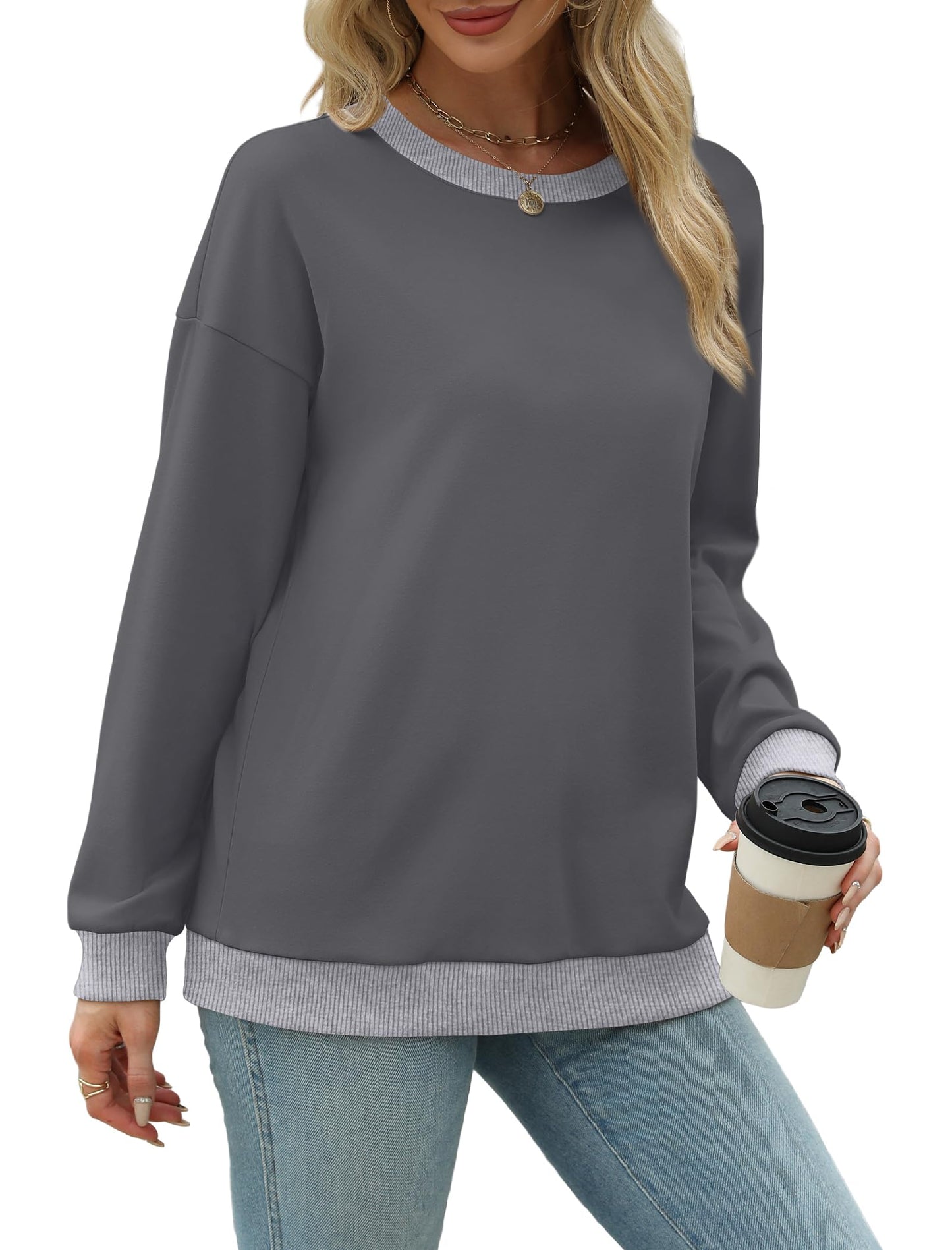 Sweatshirts for Women Crewneck Long Sleeve Loose Fit Tops Color Block Ribbed Trim Fashion