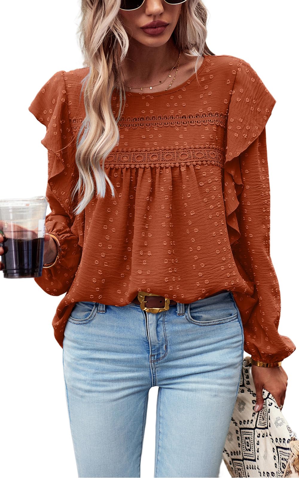 Women's Long Sleeve Blouses Ruffle Swiss Dot Crochet Loose Fit