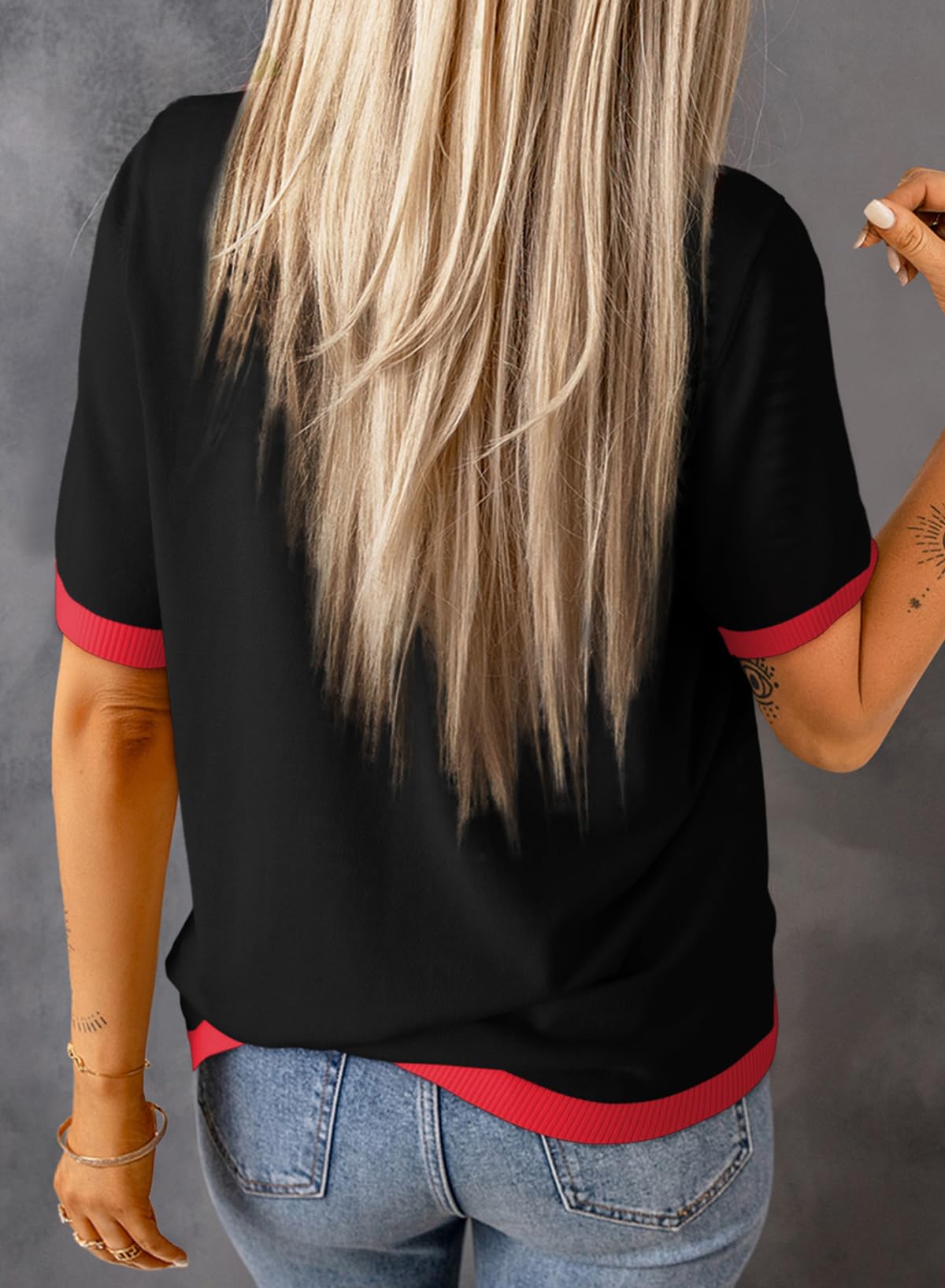 Womens Tops CasualCrewneck Short Sleeve Striped Color Block Knit Trendy Pullover Sweaters