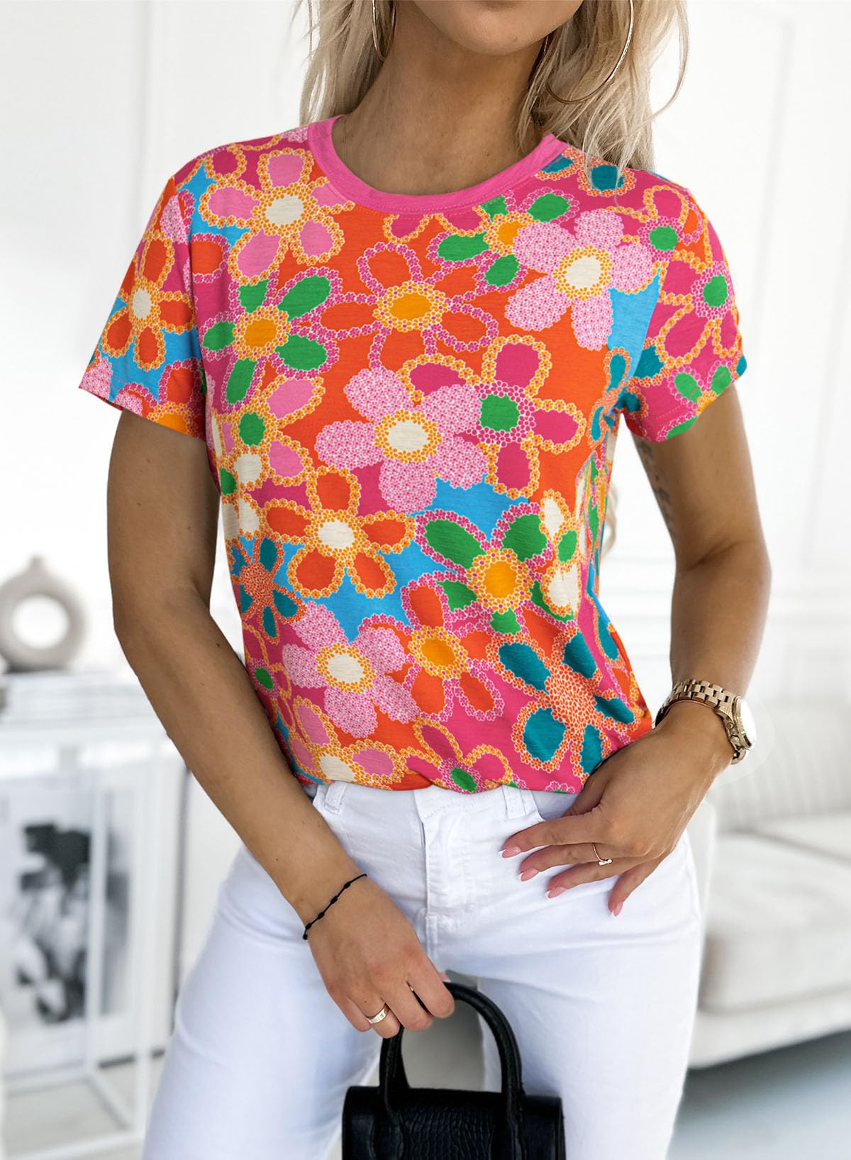 Womens Casual Polka Dot Tops Crewneck Short Sleeve T Shirts Fashion 2024 Spring Summer Loose Fit Shirts