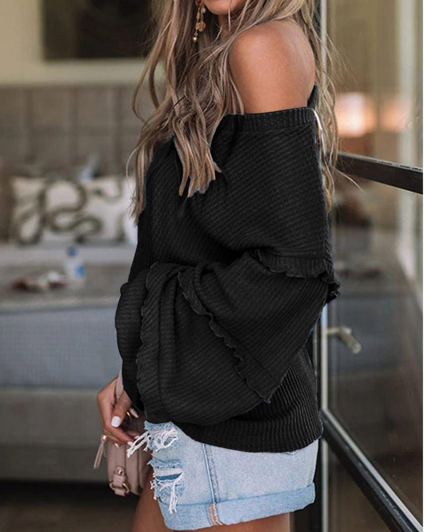 Women’s V Neck Long Sleeve Blouse Loose Fit Tunics Ruffles Off Shoulder Waffle Knit Solid Color Tops