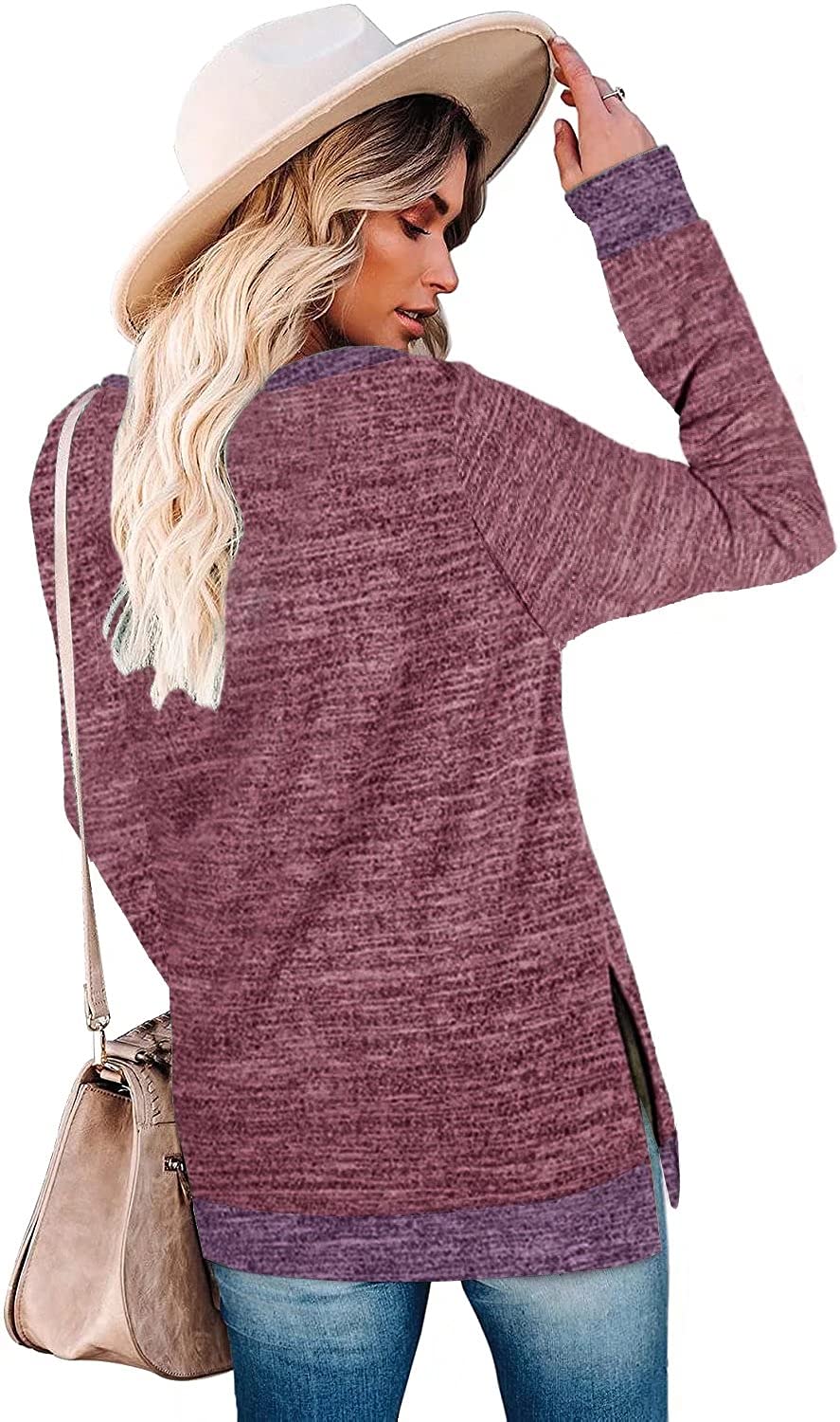 Womens Crewneck Pullovers Color Block Long Sleeve Side Split Tunic Tops