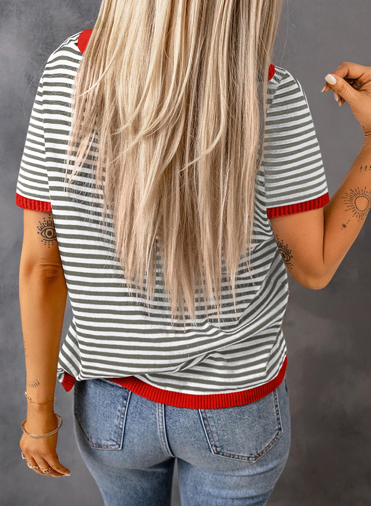 Womens Tops CasualCrewneck Short Sleeve Striped Color Block Knit Trendy Pullover Sweaters