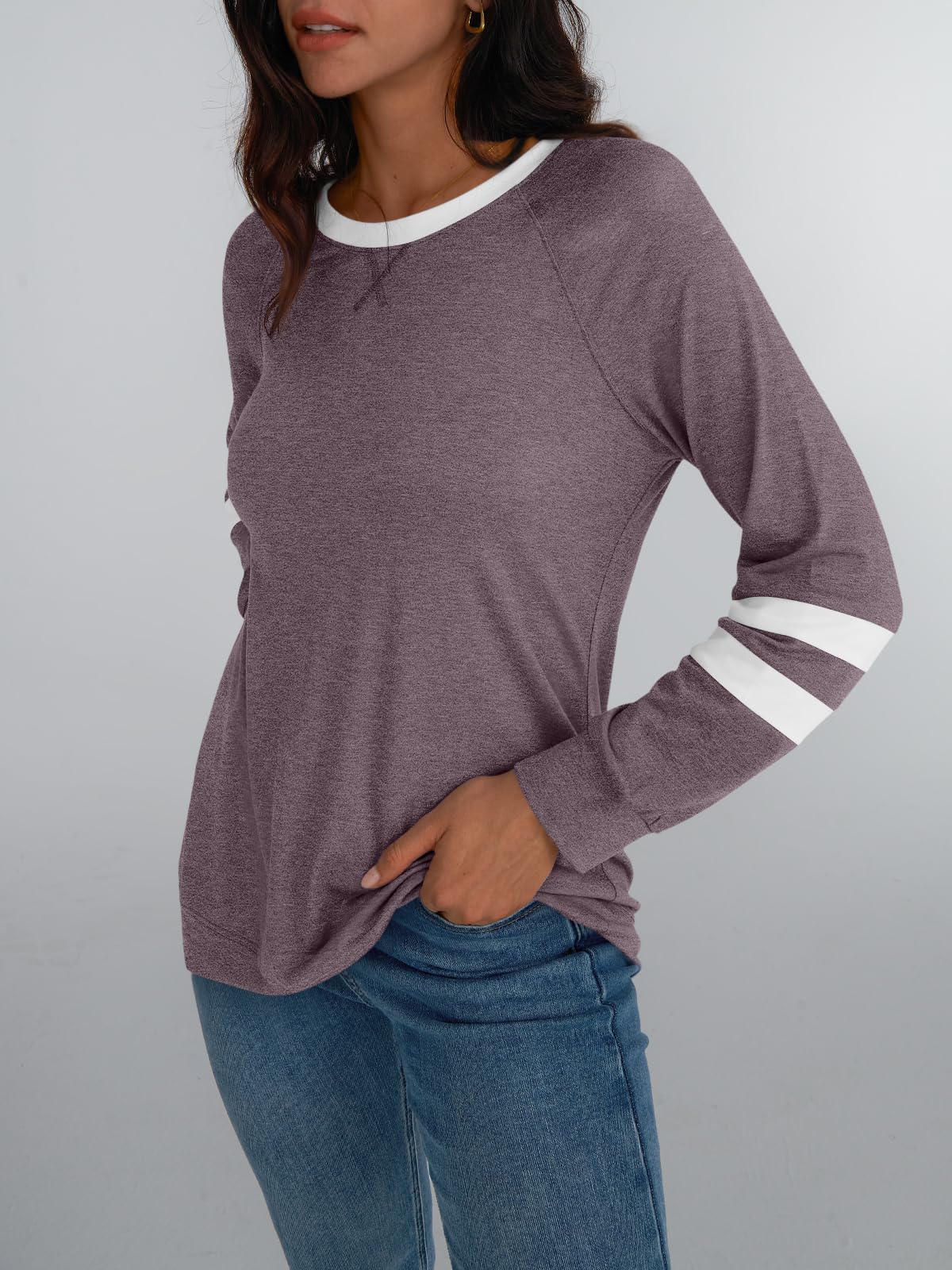Womens Long Sleeve Shirts Color Block Casual Crewneck Tops Tshirt
