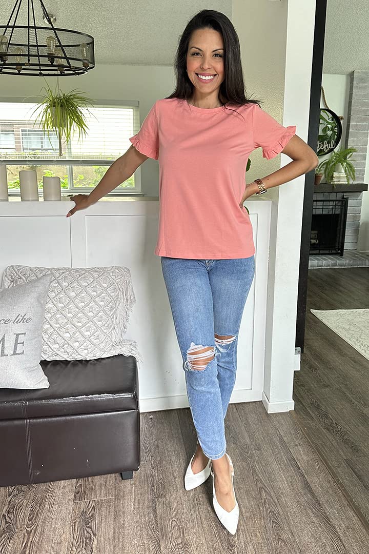 Women's Short Sleeve Casual T Shirts Summer Ruffle Plain Round Neck Loose Fit Tee Blouse Tops