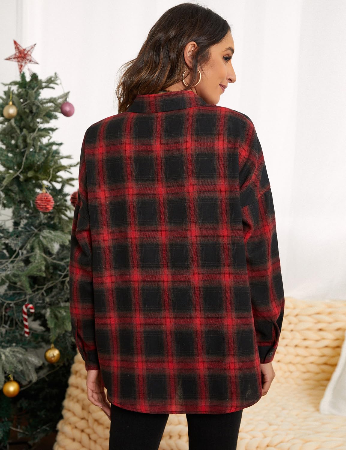 Women's Button Down Flannel Shirts Plaid Shacket Long Sleeve Collared Business Casual Tops Work Blouses