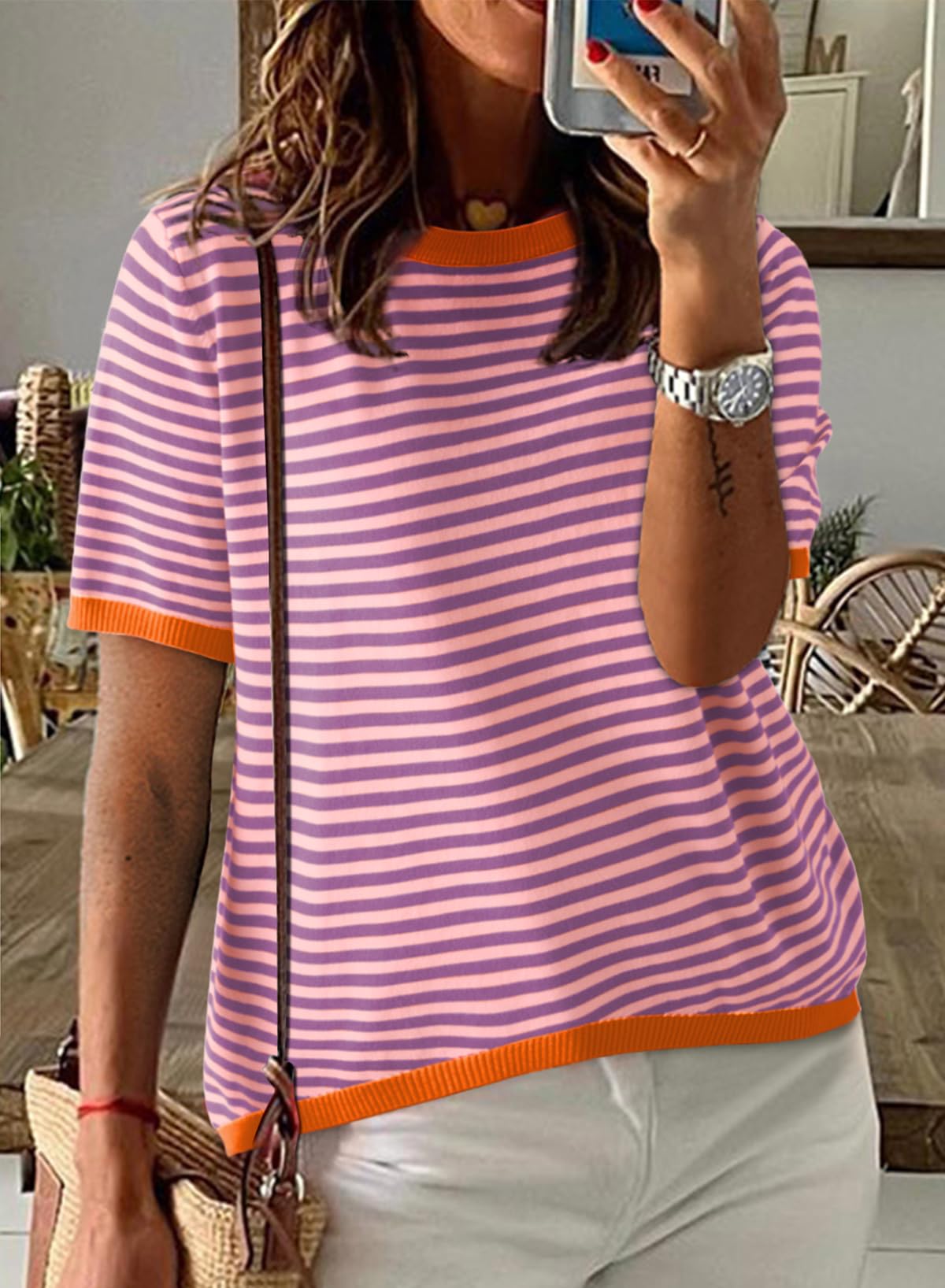 Womens Tops CasualCrewneck Short Sleeve Striped Color Block Knit Trendy Pullover Sweaters