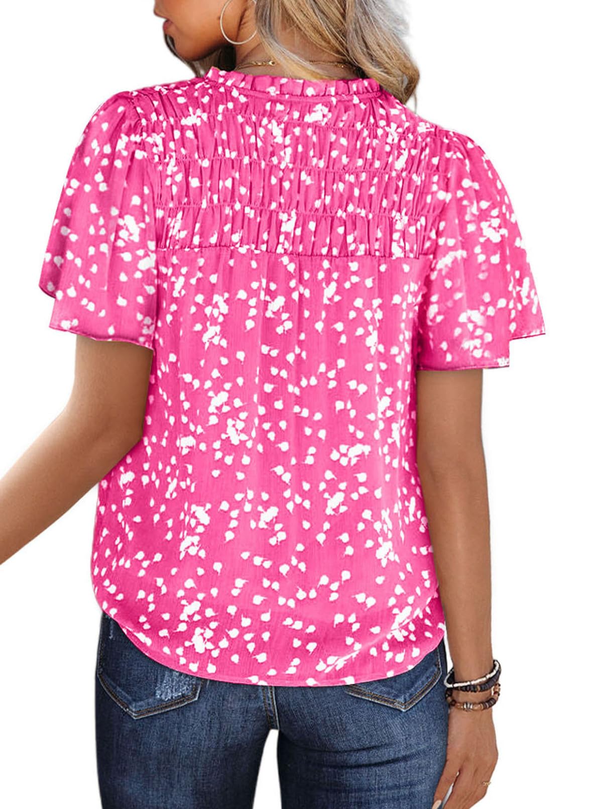 Women's Casual V Neck Floral Print Smocked Short Sleeve Chiffon Blouses Bohemian Top Shirts