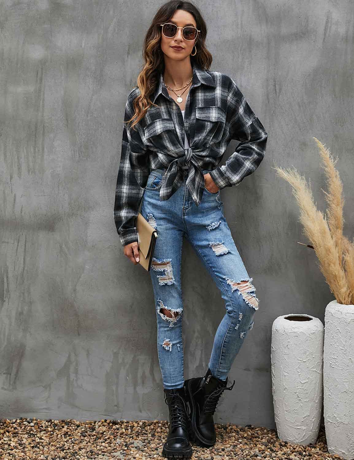 Women's Button Down Flannel Shirts Plaid Shacket Long Sleeve Collared Business Casual Tops Work Blouses