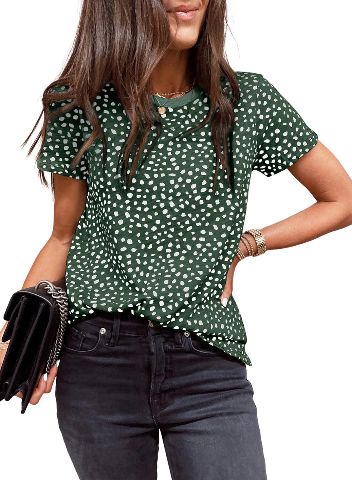 Womens Casual Polka Dot Tops Crewneck Short Sleeve T Shirts Fashion 2024 Spring Summer Loose Fit Shirts