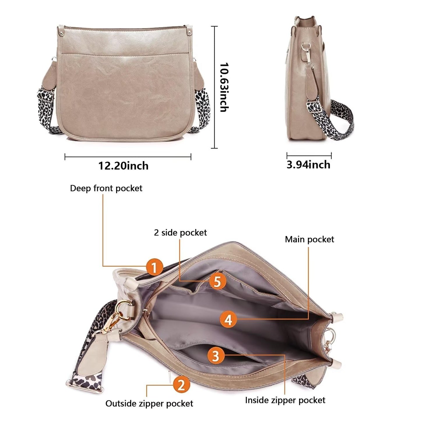 Vegan Leather Crossbody Bags for Women, Crossbody Purse with Guitar Strap Zipped Pockets Handbag