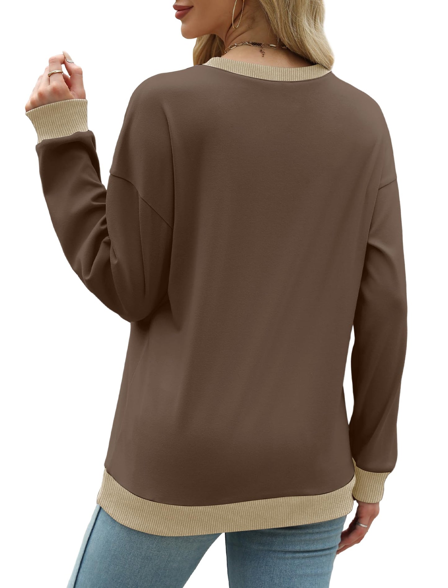 Sweatshirts for Women Crewneck Long Sleeve Loose Fit Tops Color Block Ribbed Trim Fashion