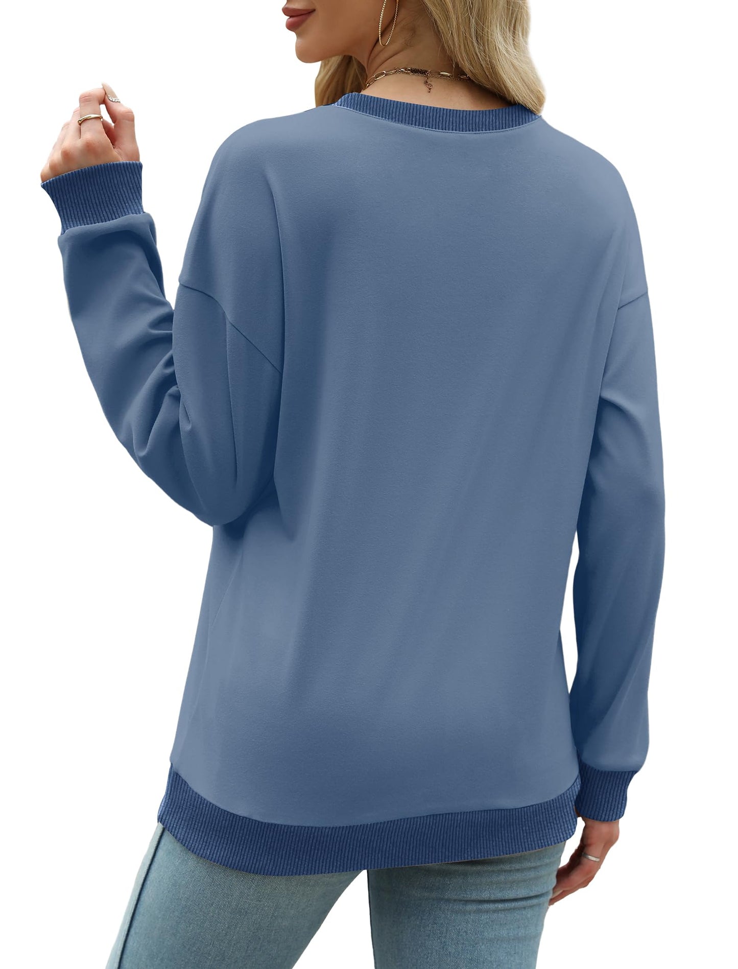 Sweatshirts for Women Crewneck Long Sleeve Loose Fit Tops Color Block Ribbed Trim Fashion