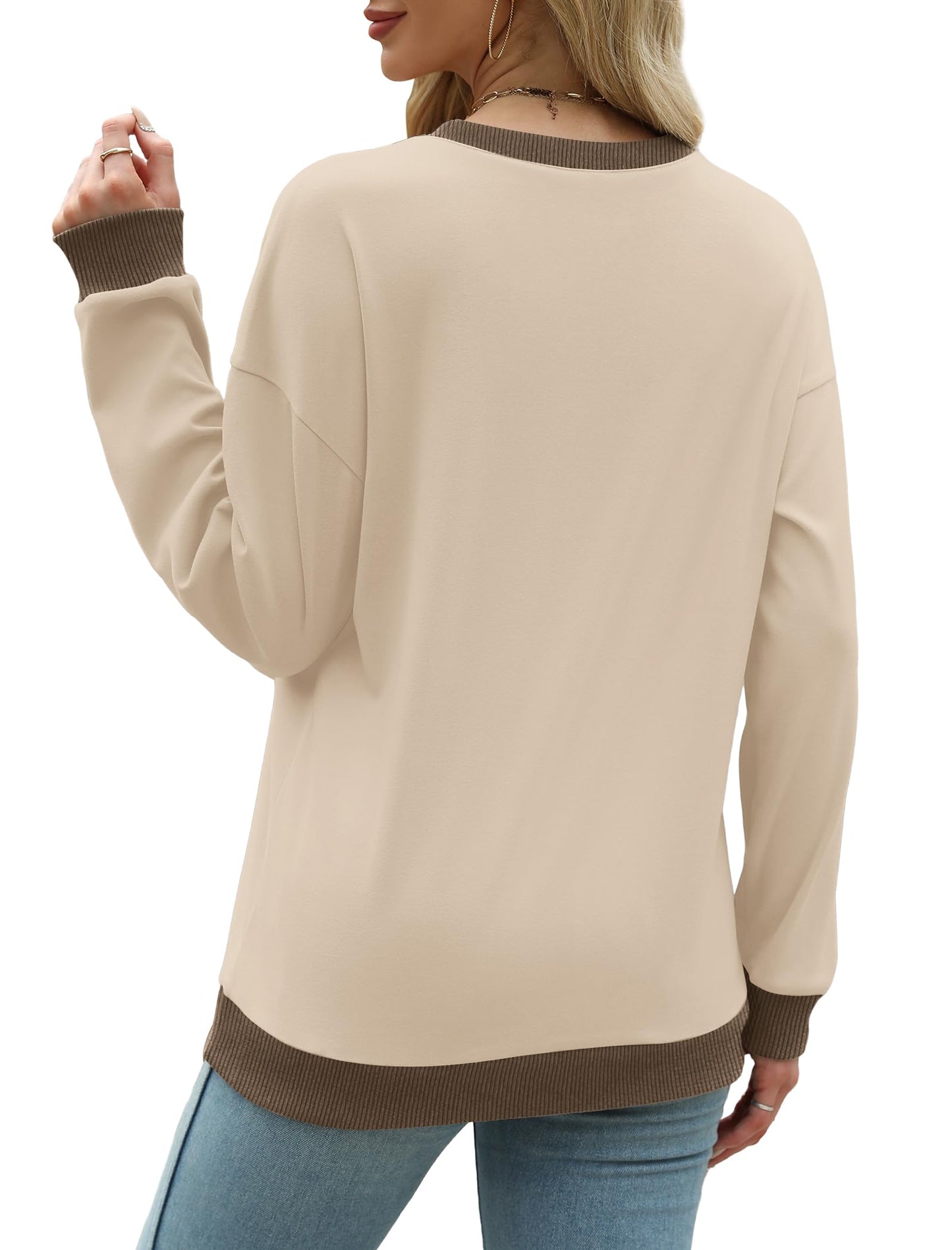 Sweatshirts for Women Crewneck Long Sleeve Loose Fit Tops Color Block Ribbed Trim Fashion