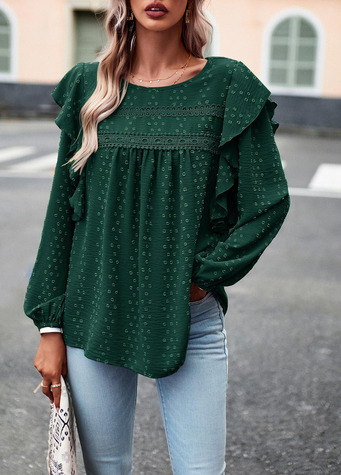 Women's Long Sleeve Blouses Ruffle Swiss Dot Crochet Loose Fit