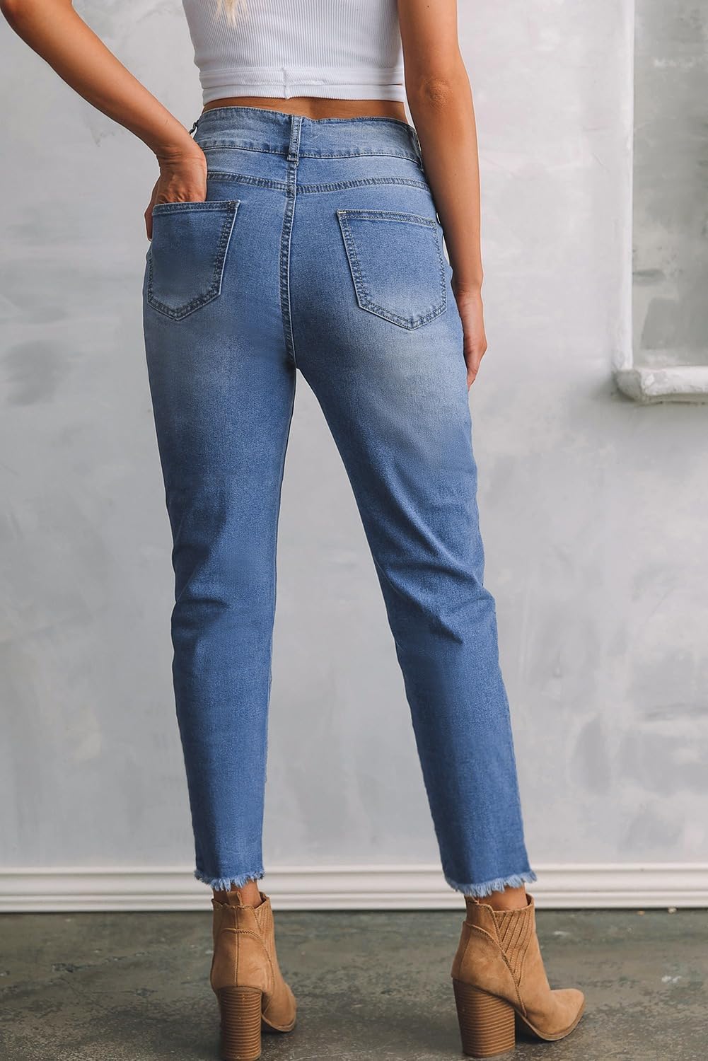 Women's High Waisted Jeans Strechy Raw Hem Straight Leg Denim Pants with Pockets