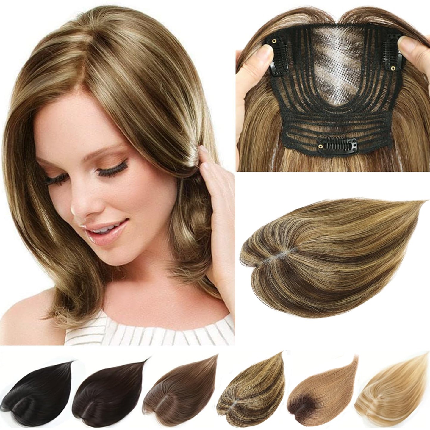 Hair Toppers for Women Real Human Hair Toppers Hair Pieces for Women with Thinning Hair 12 Inch Clip In Hair Toppers Upgrade Swiss Base Hair Topper 40g Medium Brown Mix Blonde