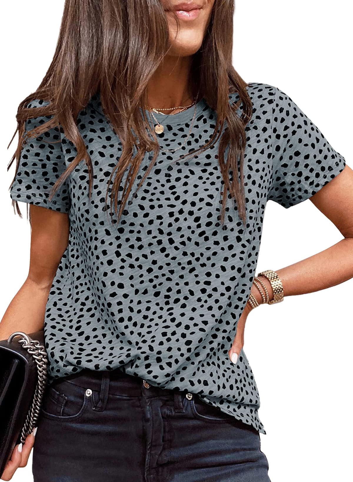 Womens Casual Polka Dot Tops Crewneck Short Sleeve T Shirts Fashion 2024 Spring Summer Loose Fit Shirts