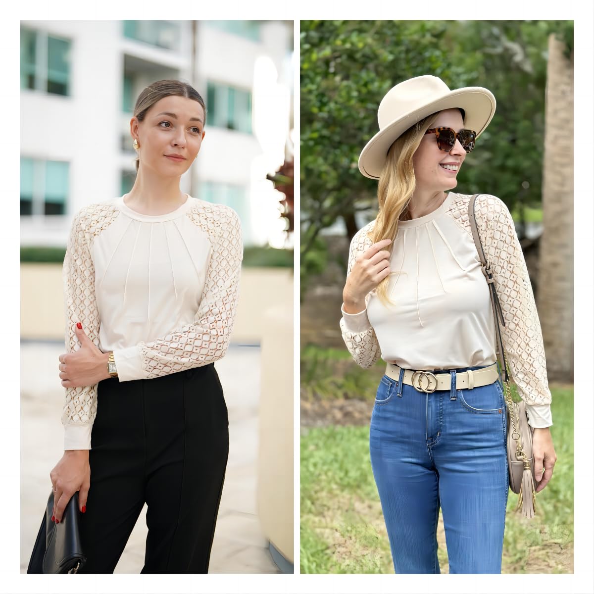 Women's Lace Long Sleeve Tops Dressy Business Casual Blouses Front Pleated Work Shirts