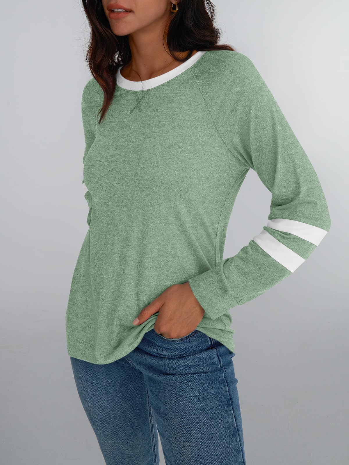 Womens Long Sleeve Shirts Color Block Casual Crewneck Tops Tshirt