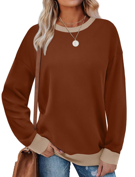 Sweatshirts for Women Crewneck Long Sleeve Loose Fit Tops Color Block Ribbed Trim Fashion