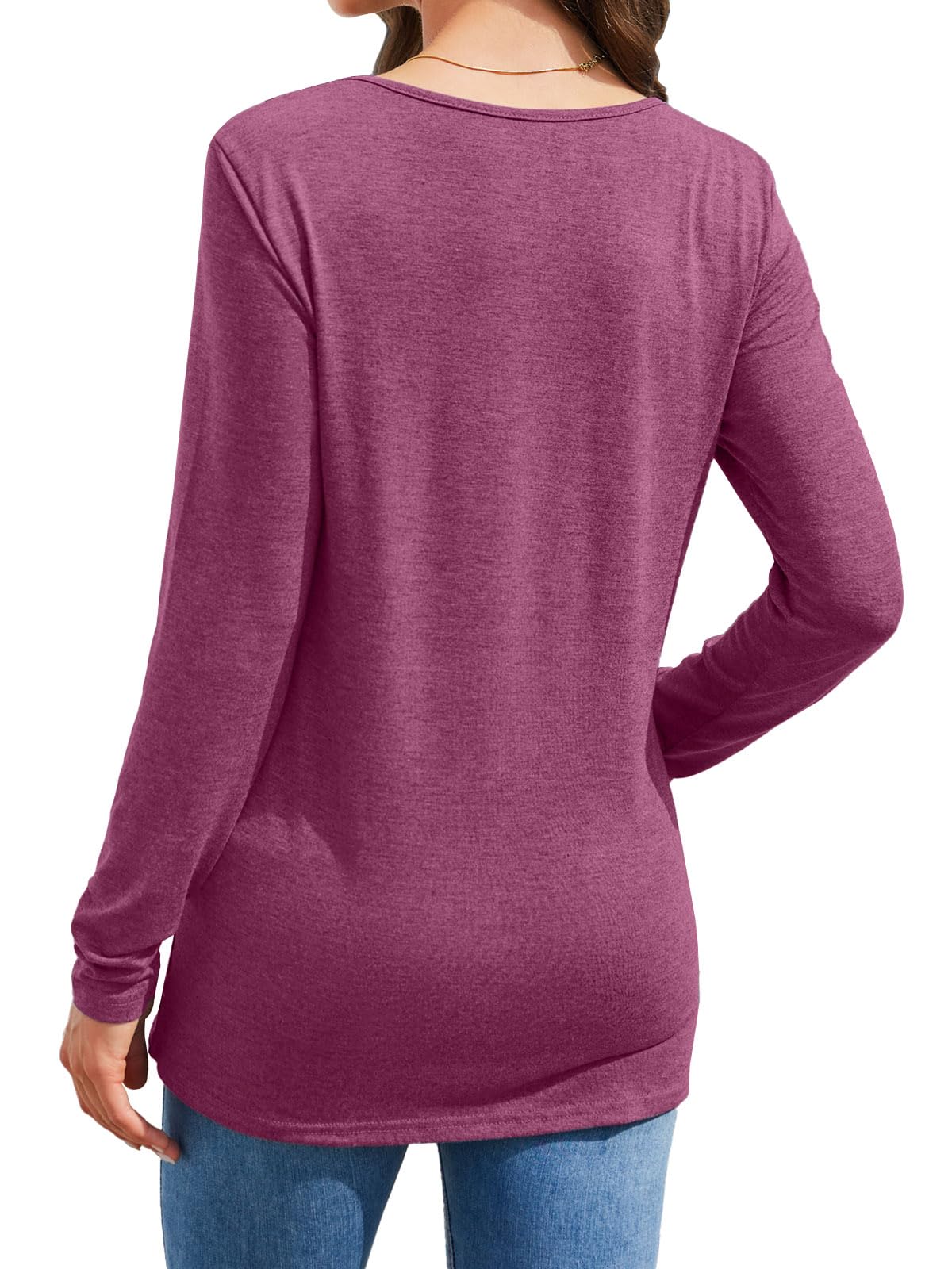 Womens Casual Long Sleeve Tunic Shirts Round Neck Button Side Blouses Tops