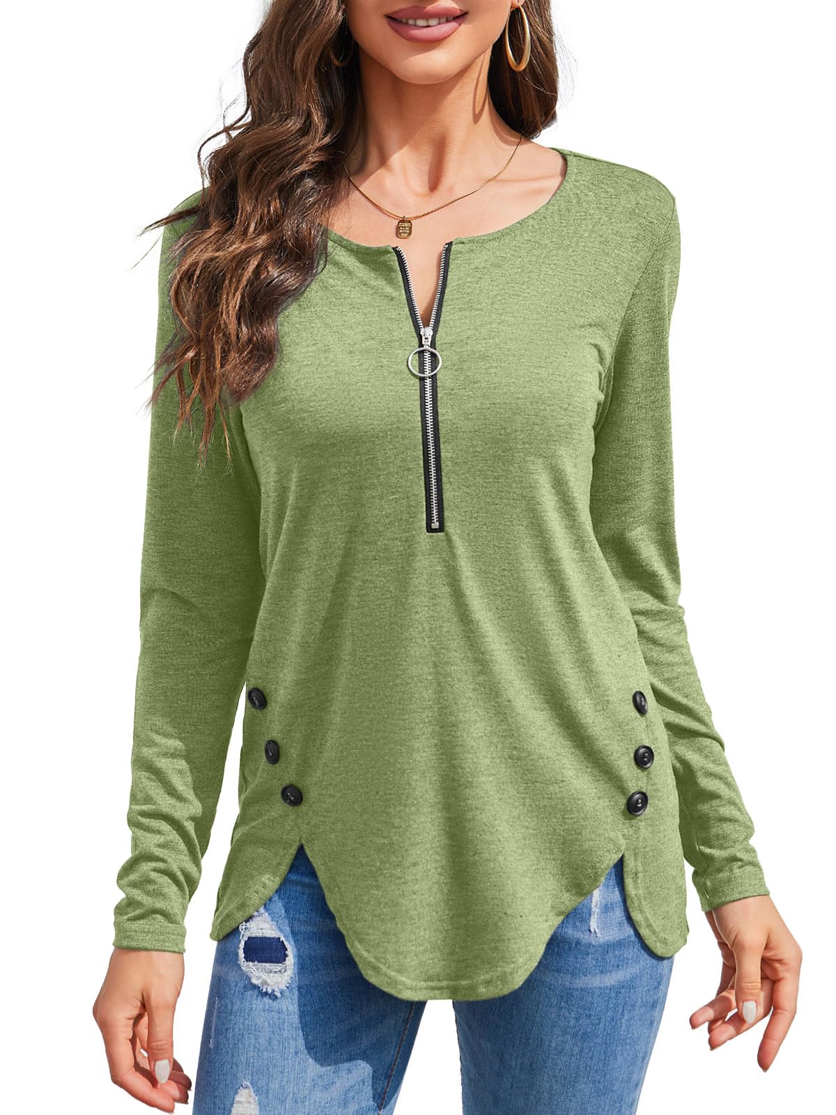 Womens Casual Long Sleeve Tunic Shirts Round Neck Button Side Blouses Tops