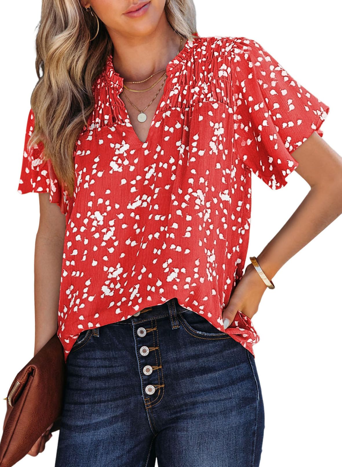 Women's Casual V Neck Floral Print Smocked Short Sleeve Chiffon Blouses Bohemian Top Shirts